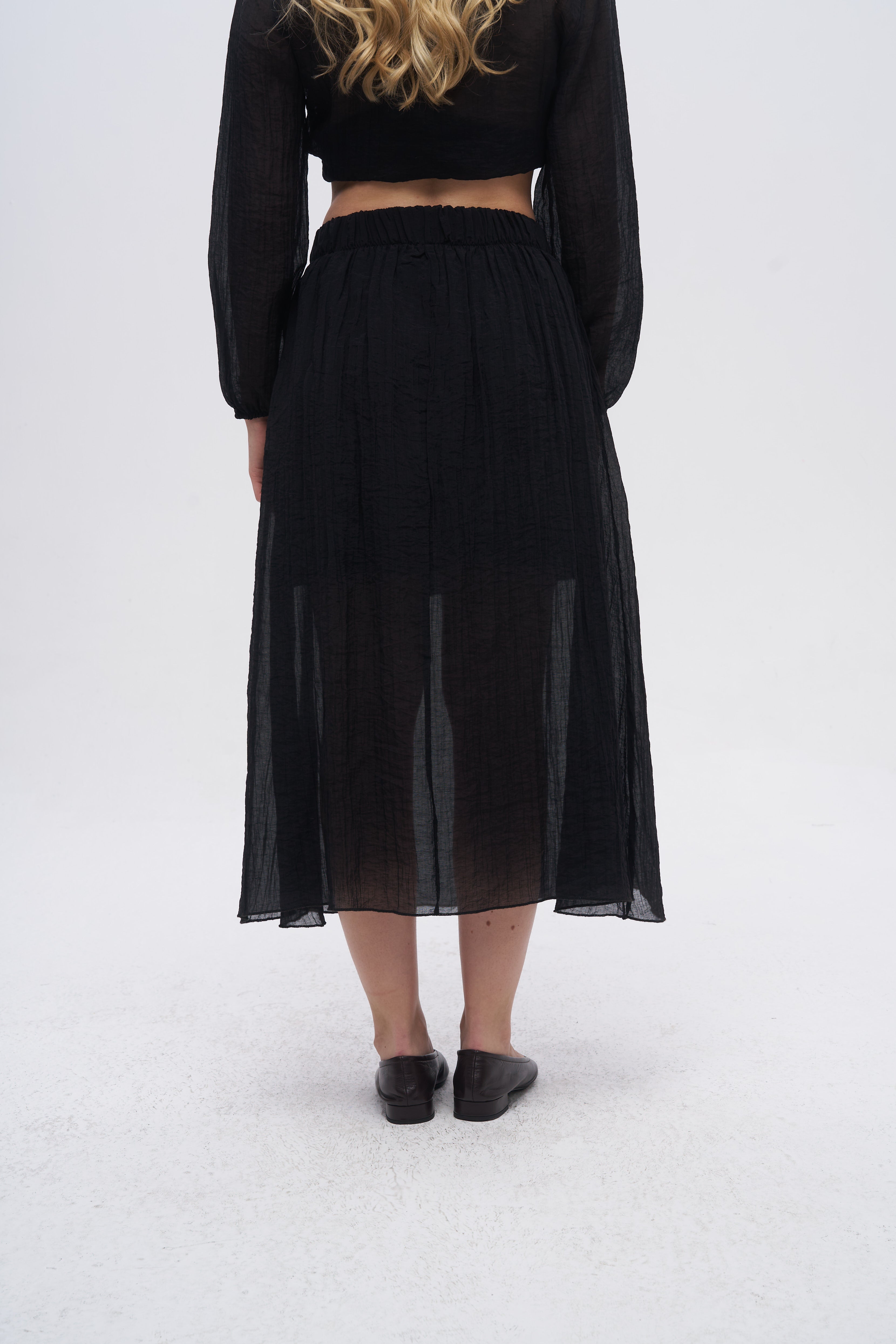 Beli Lastikli Çizgi Dokulu Yarı Astarlı Siyah Etek