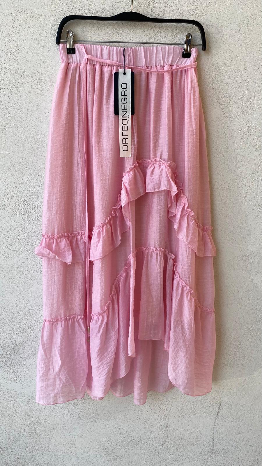Toptan Fırfırlı Asimetrik Pembe Tencel Etek