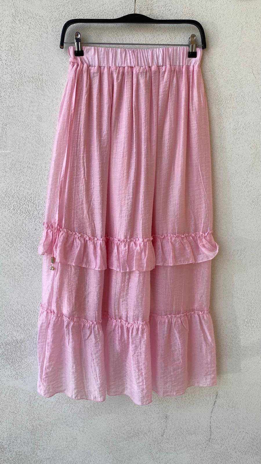 Toptan Fırfırlı Asimetrik Pembe Tencel Etek