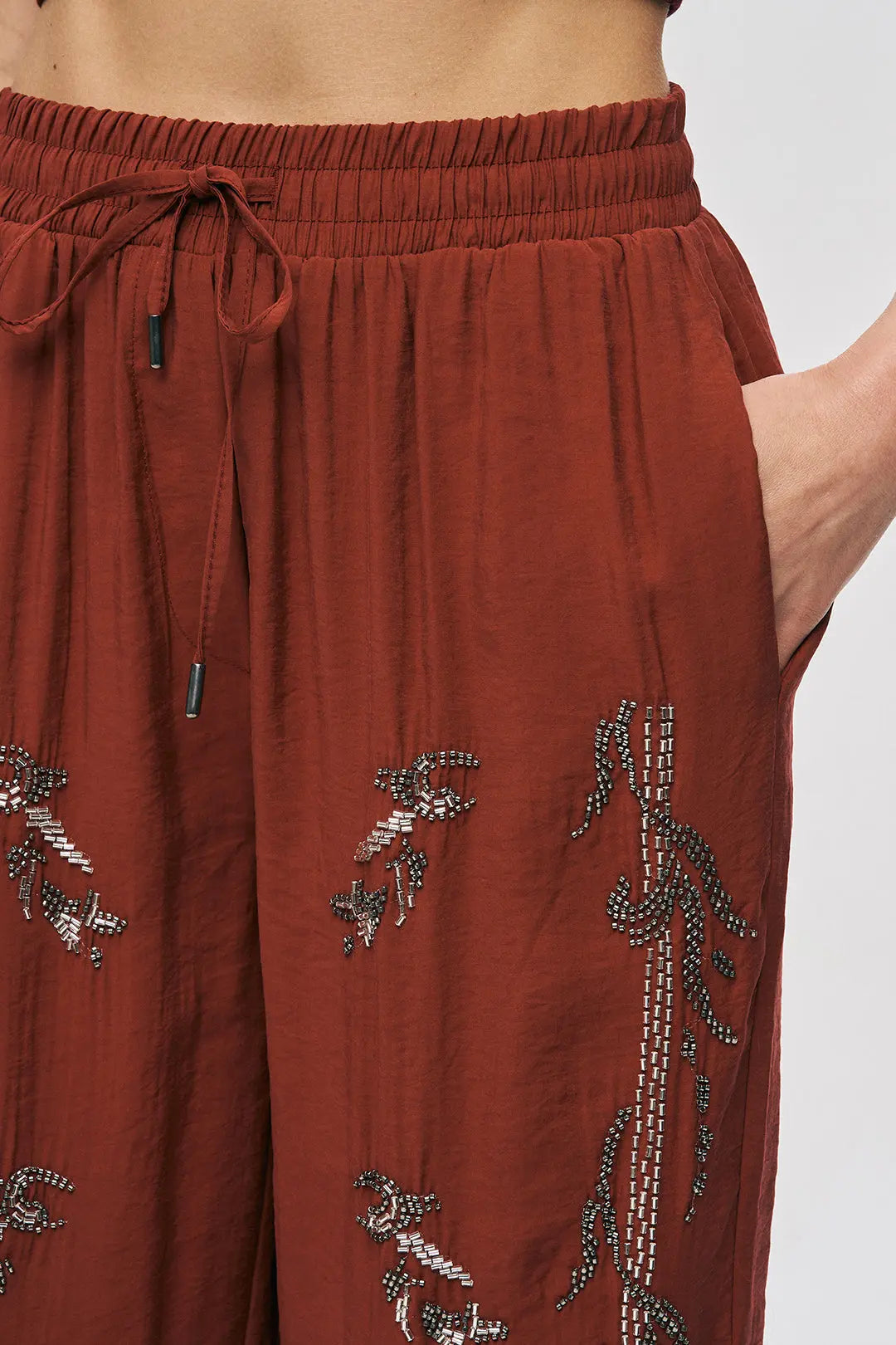 İşlemeli Bordo Geniş Paça Pantolon ORFEONEGRO