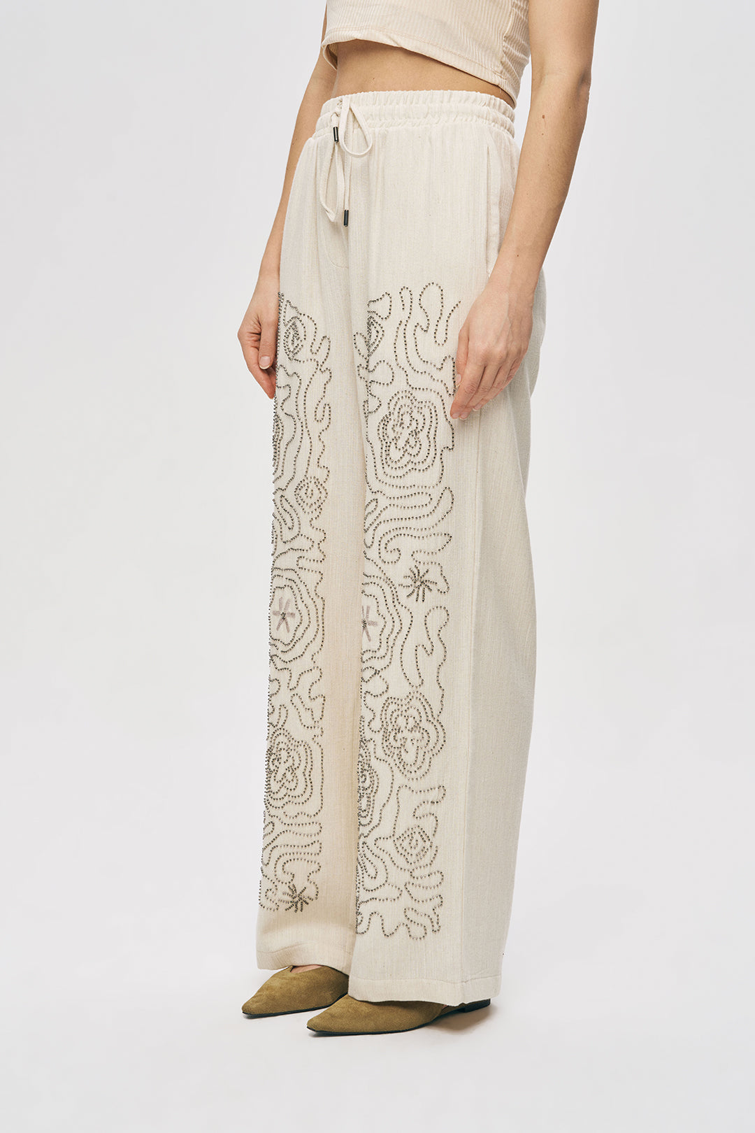 Orfeonegro Etnik Nakış İşlemeli Beli Lastikli Bol Paça Pantolon