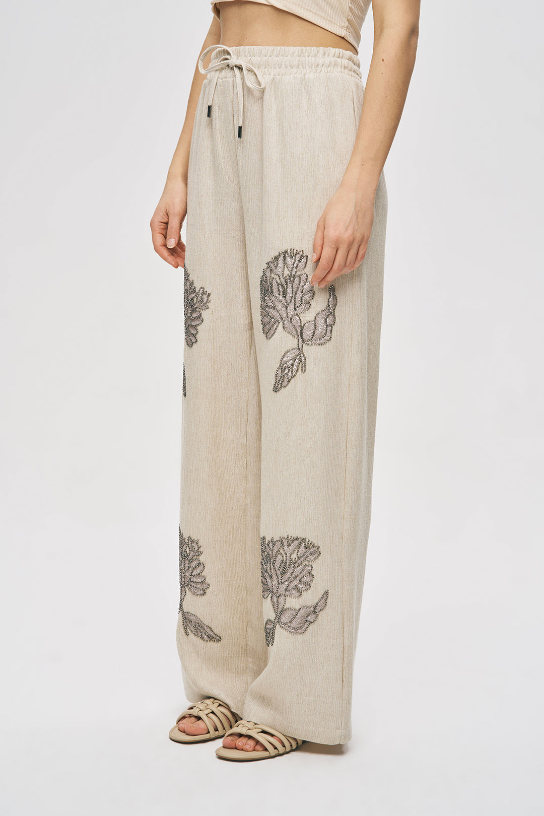 Orfeonegro Zarif Nakış Detaylı Keten Karışımlı Palazzo Pantolon