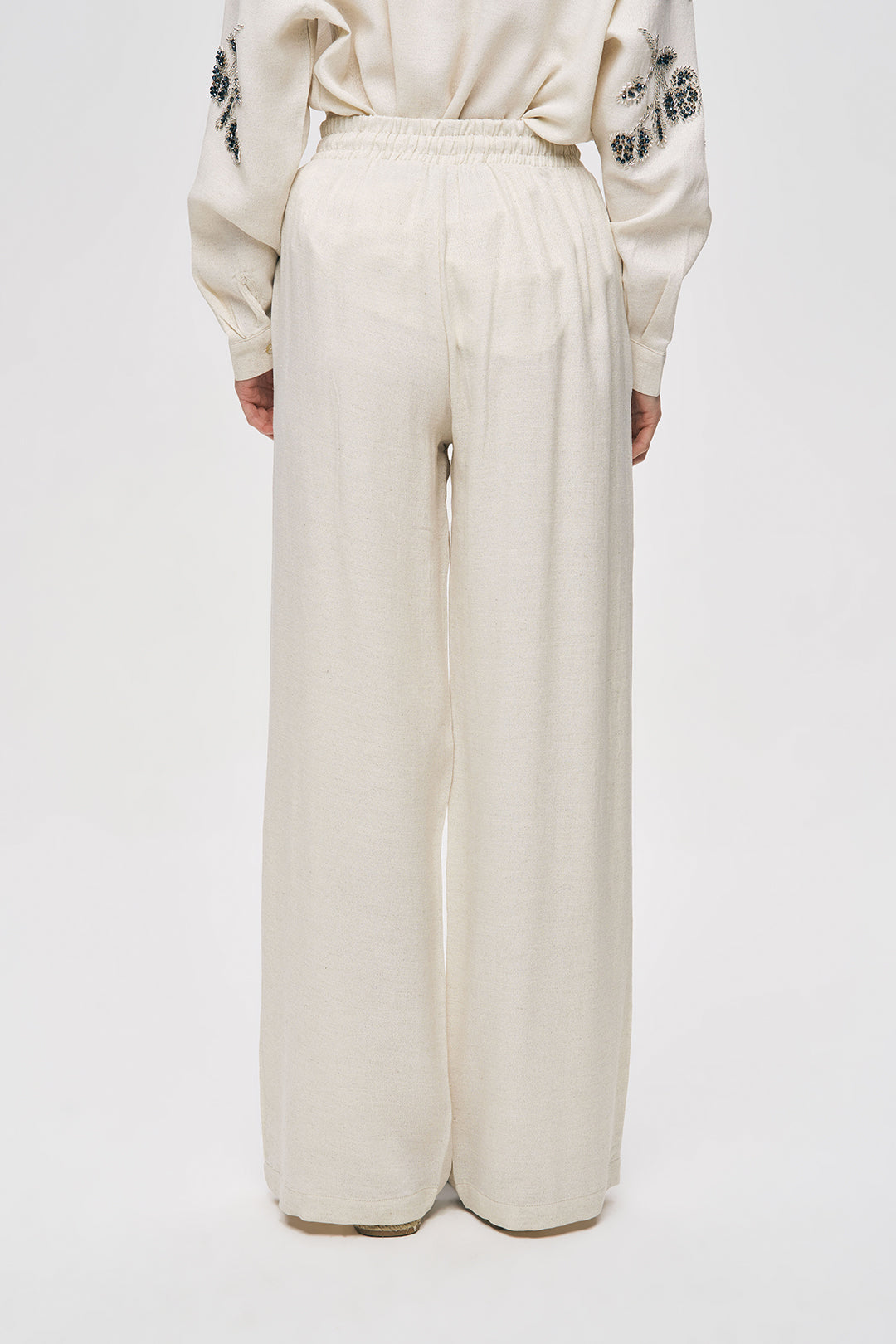 Boncuk İşlemeli Pamuk Keten Bol Paça Pantolon
