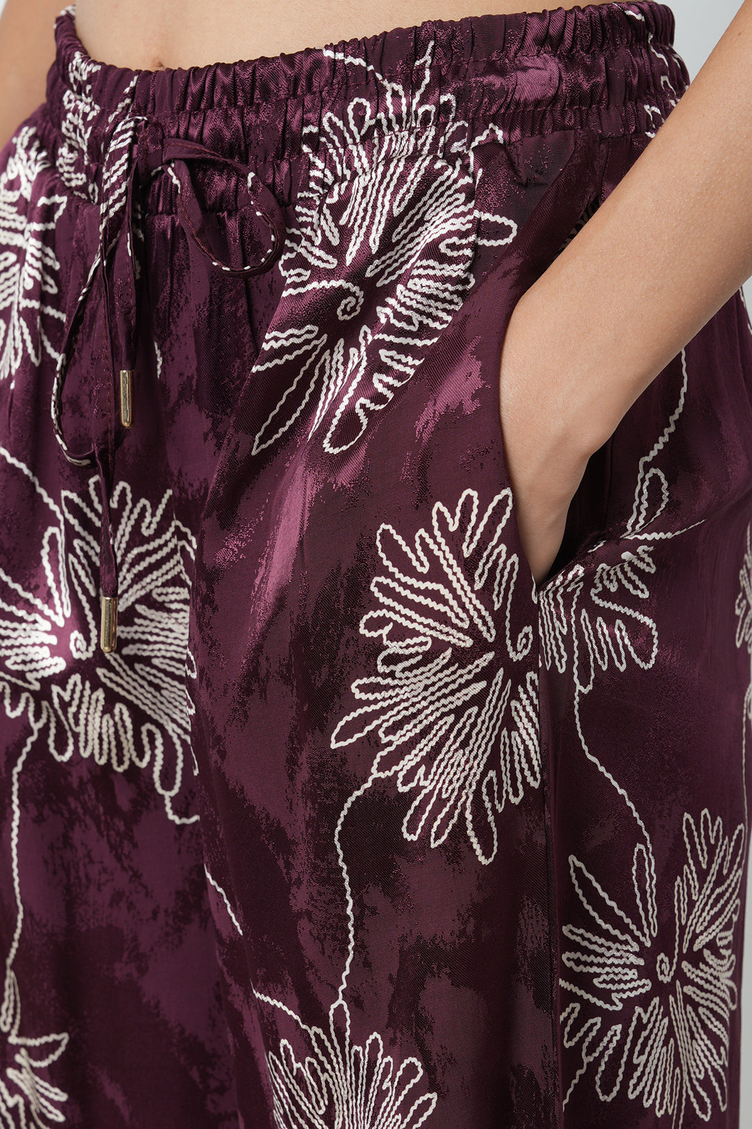 Bordo Çiçek Desenli Palazzo Pantolon