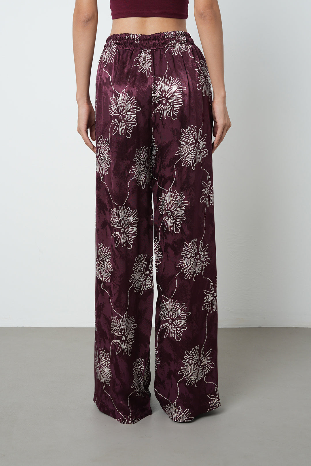 Bordo Çiçek Desenli Palazzo Pantolon