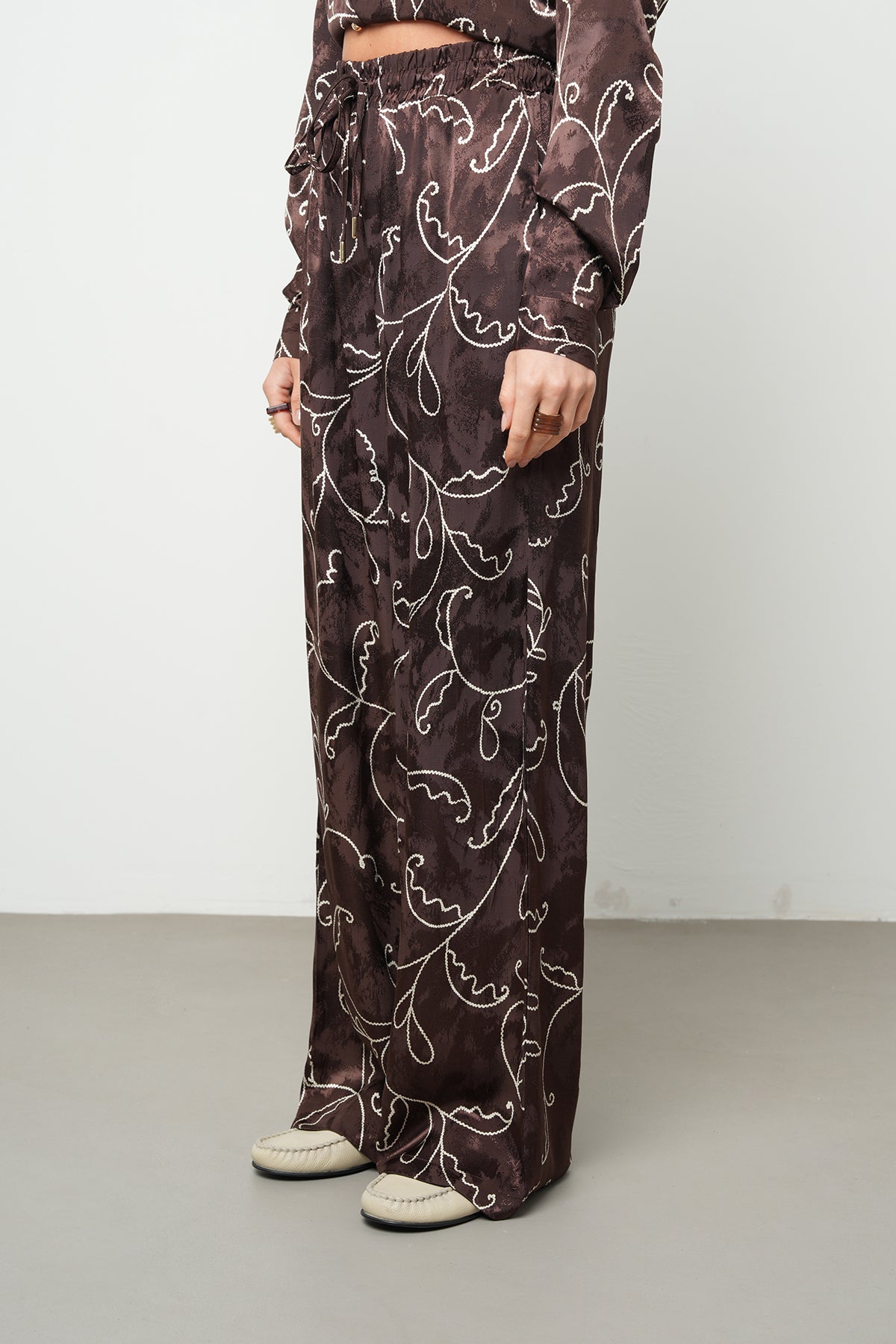 Orfeonegro Yüksek Bel Desenli Saten Palazzo Pantolon Kahverengi