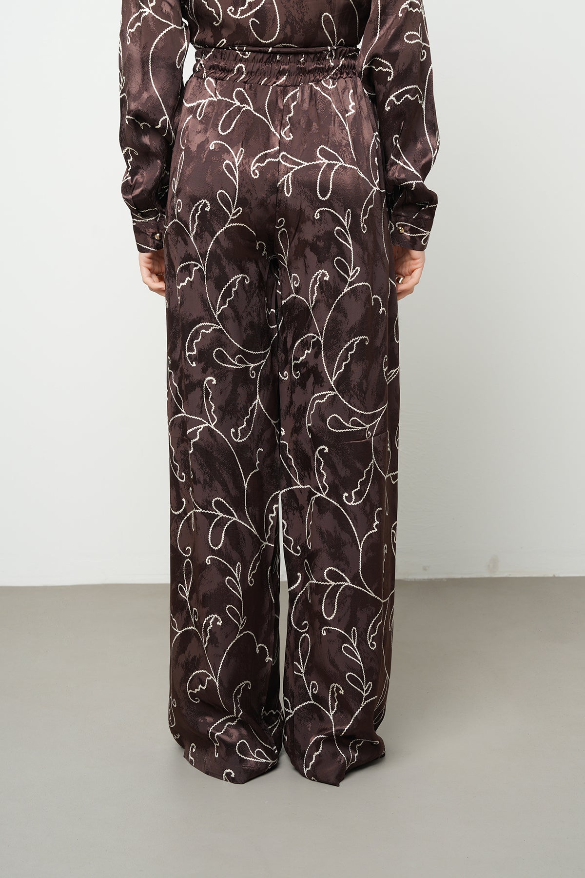 Orfeonegro Yüksek Bel Desenli Saten Palazzo Pantolon Kahverengi