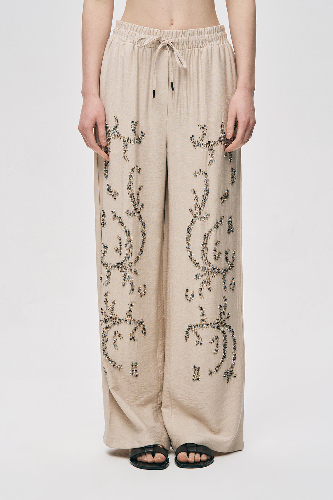 Orfeonegro Yüksek Bel Boncuk İşlemeli Palazzo Pantolon Açık Bej