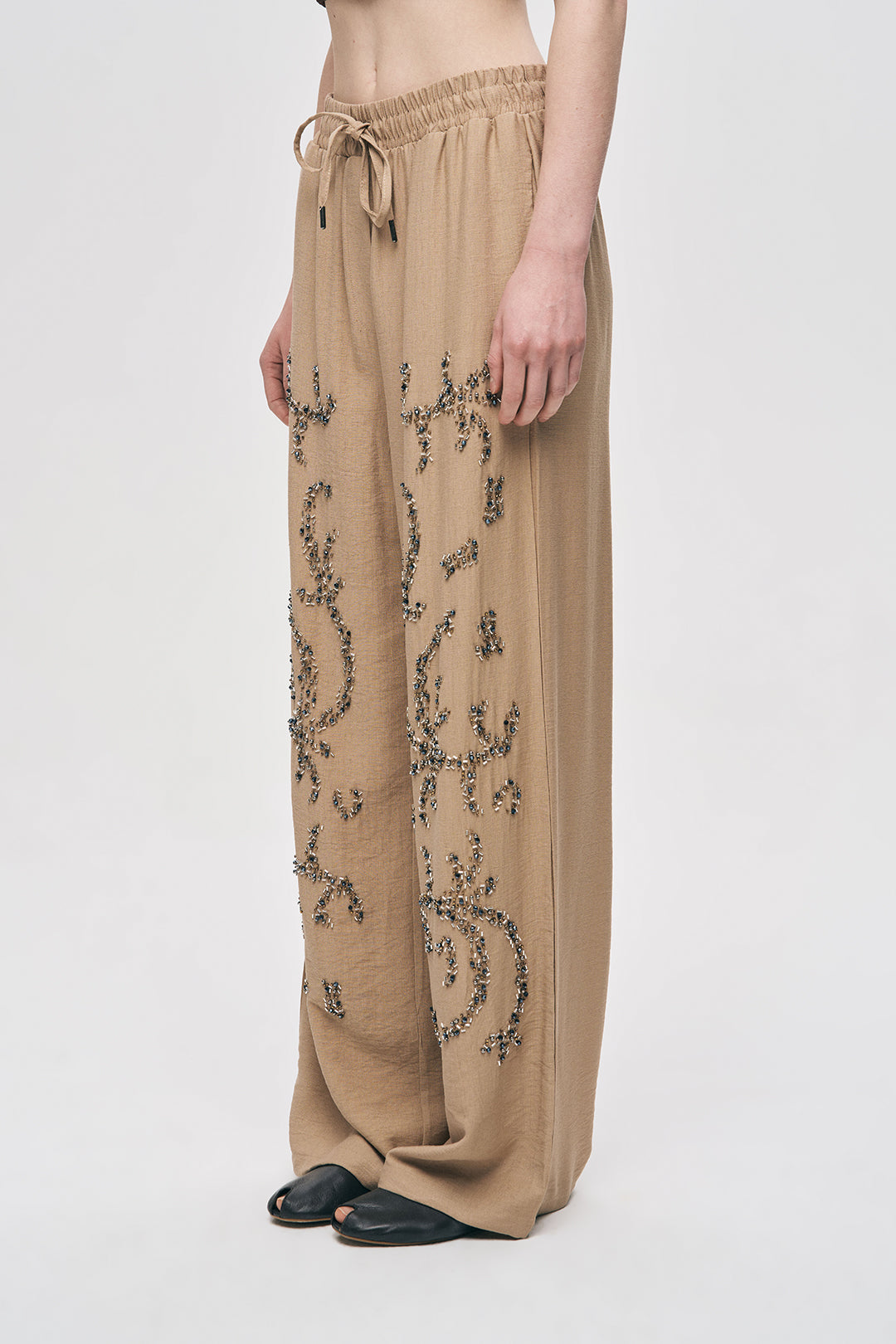 Orfeonegro Yüksek Bel Boncuk İşlemeli Palazzo Pantolon Bej