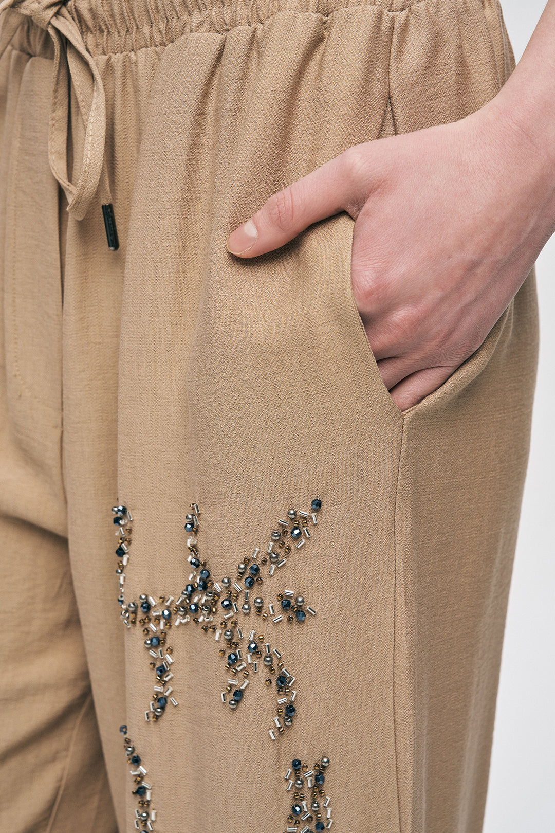 Orfeonegro Yüksek Bel Boncuk İşlemeli Palazzo Pantolon Bej