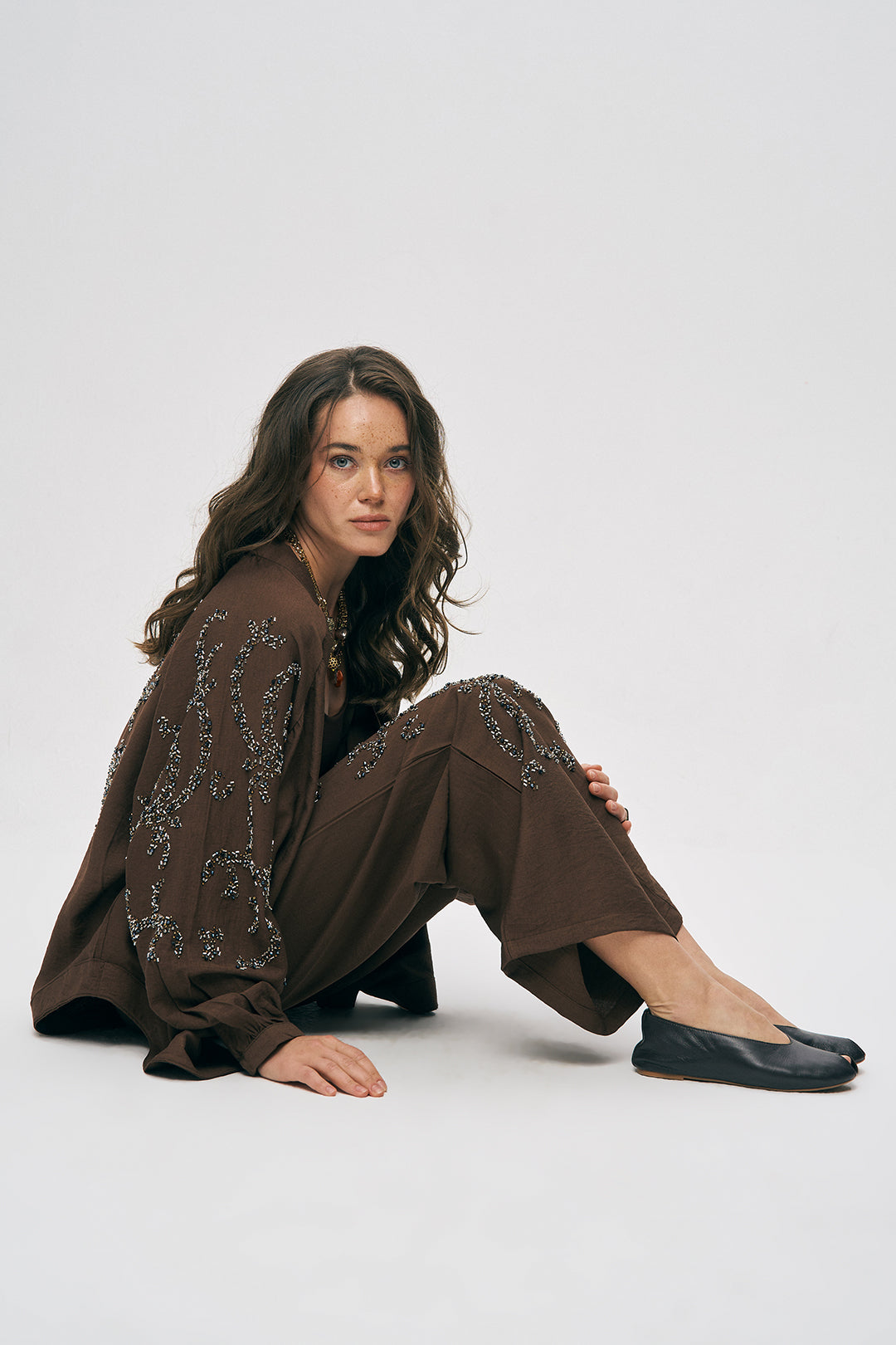 Orfeonegro Yüksek Bel Boncuk İşlemeli Palazzo Pantolon K.Kahve