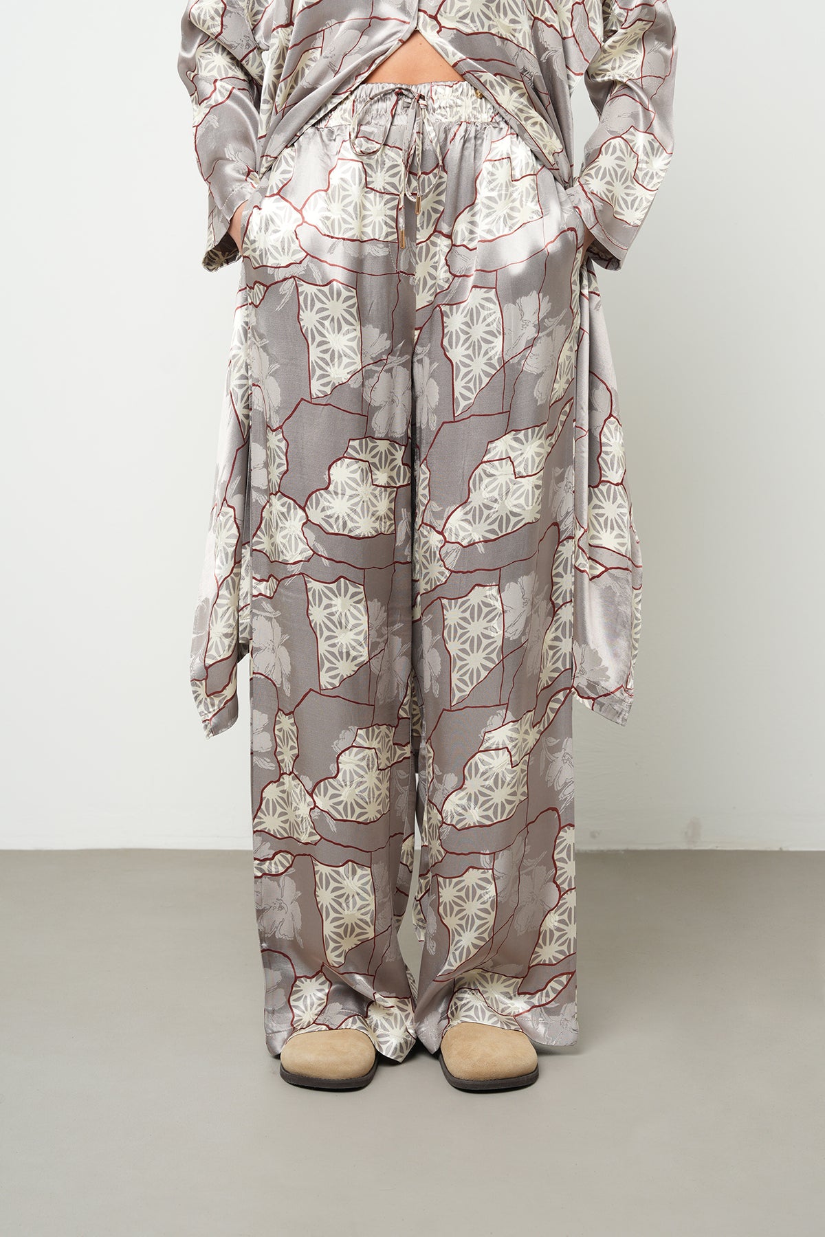 Orfeonegro Geometrik Desenli Palazzo Saten Pantolon