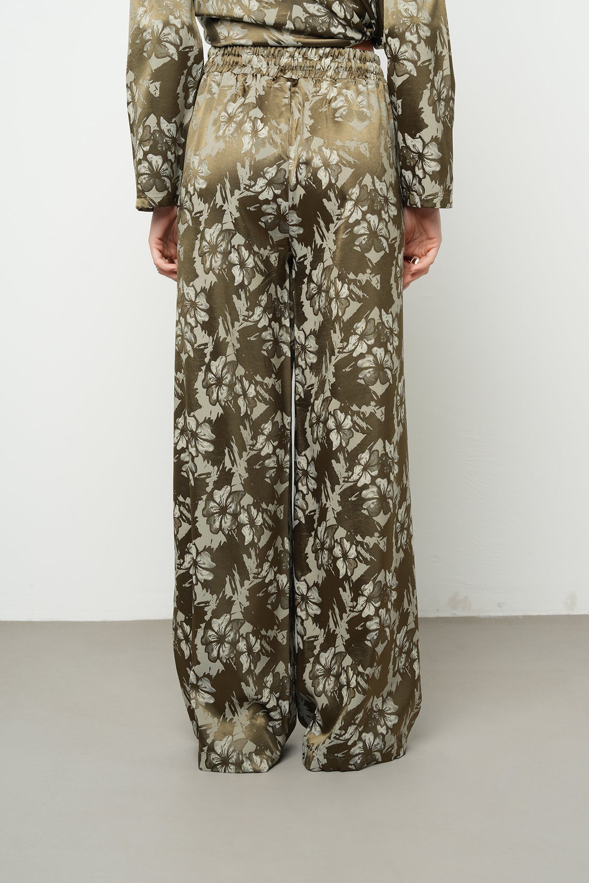Orfeonegro Çiçek Desenli Haki Saten Palazzo Pantolon