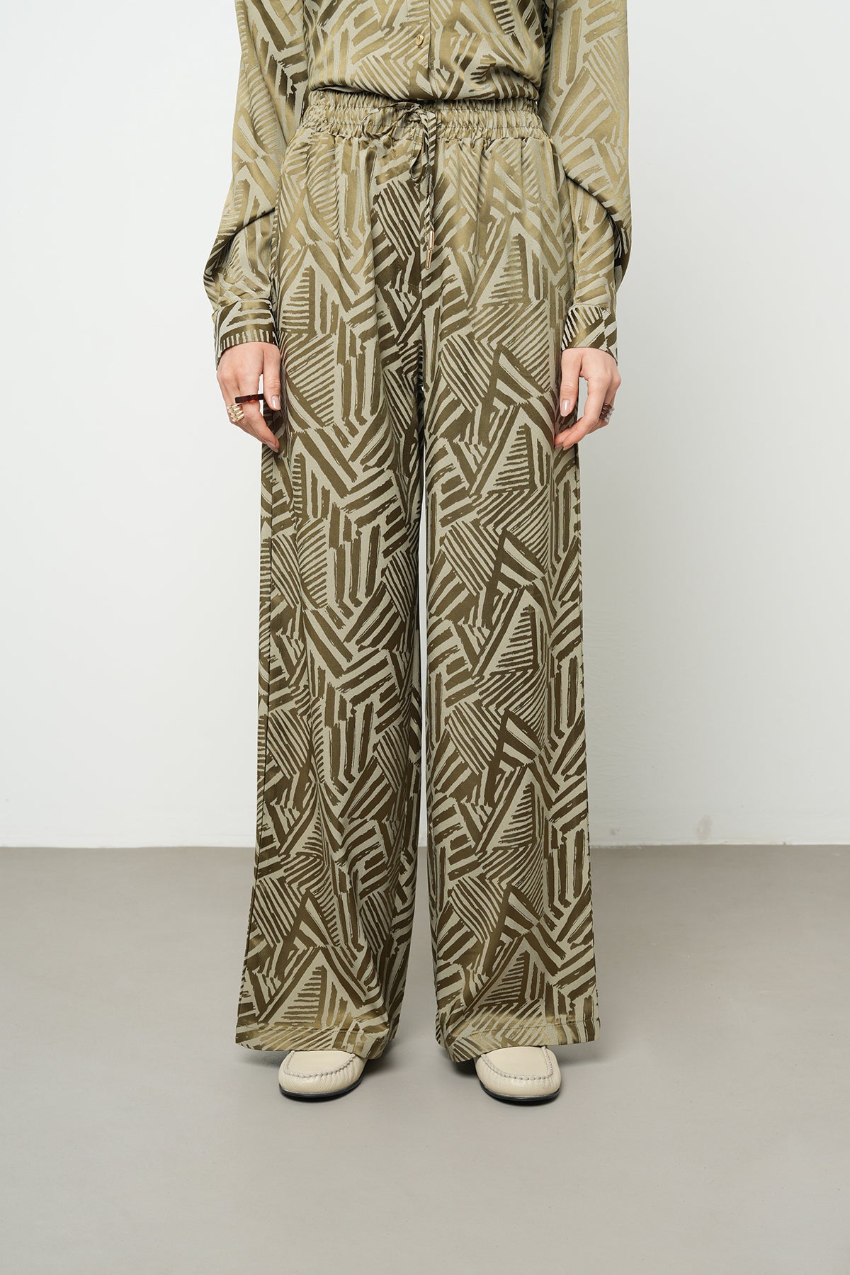 Orfeonegro Geometrik Desenli Saten Palazzo Pantolon