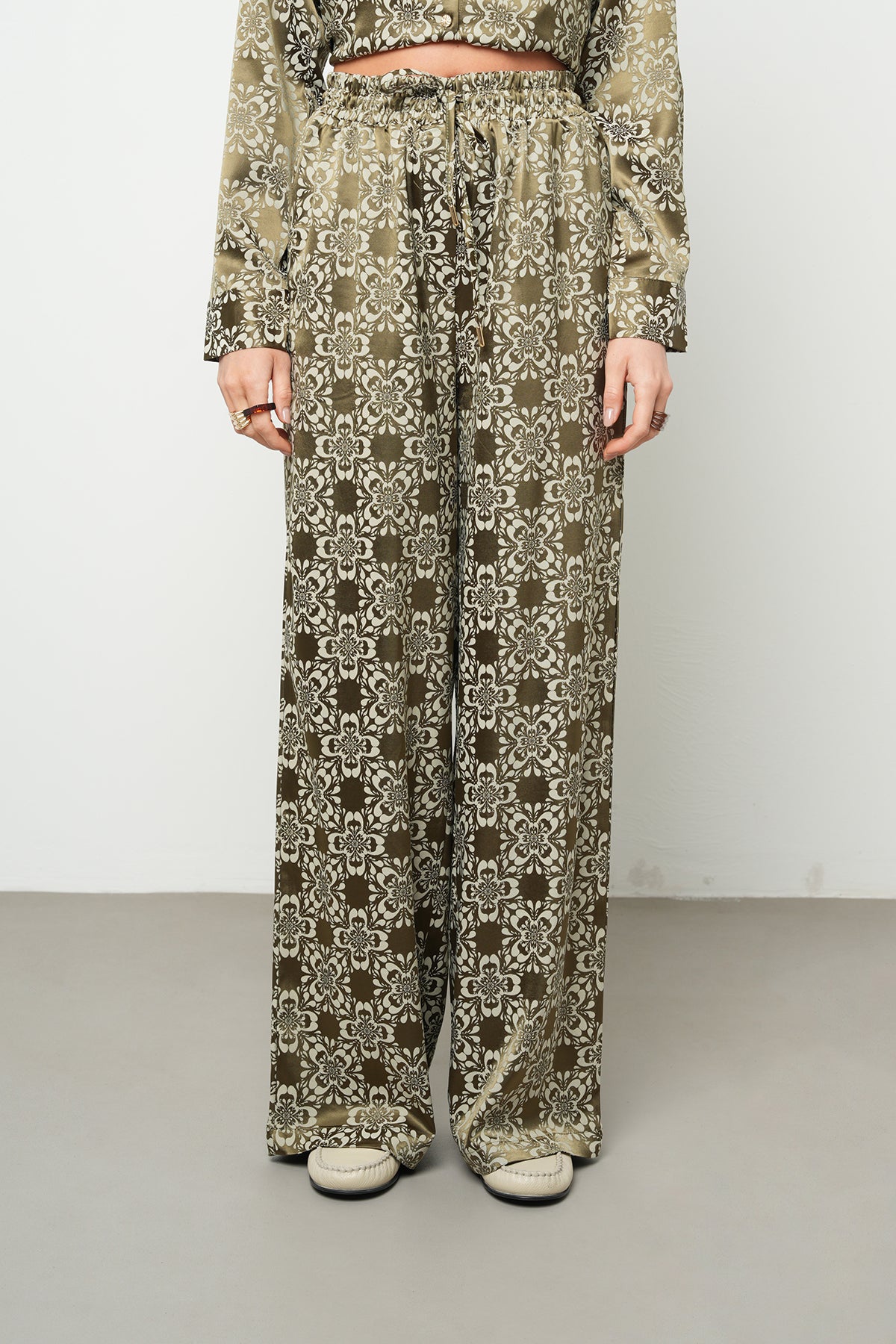 Orfeonegro Desenli Haki Saten Palazzo Pantolon