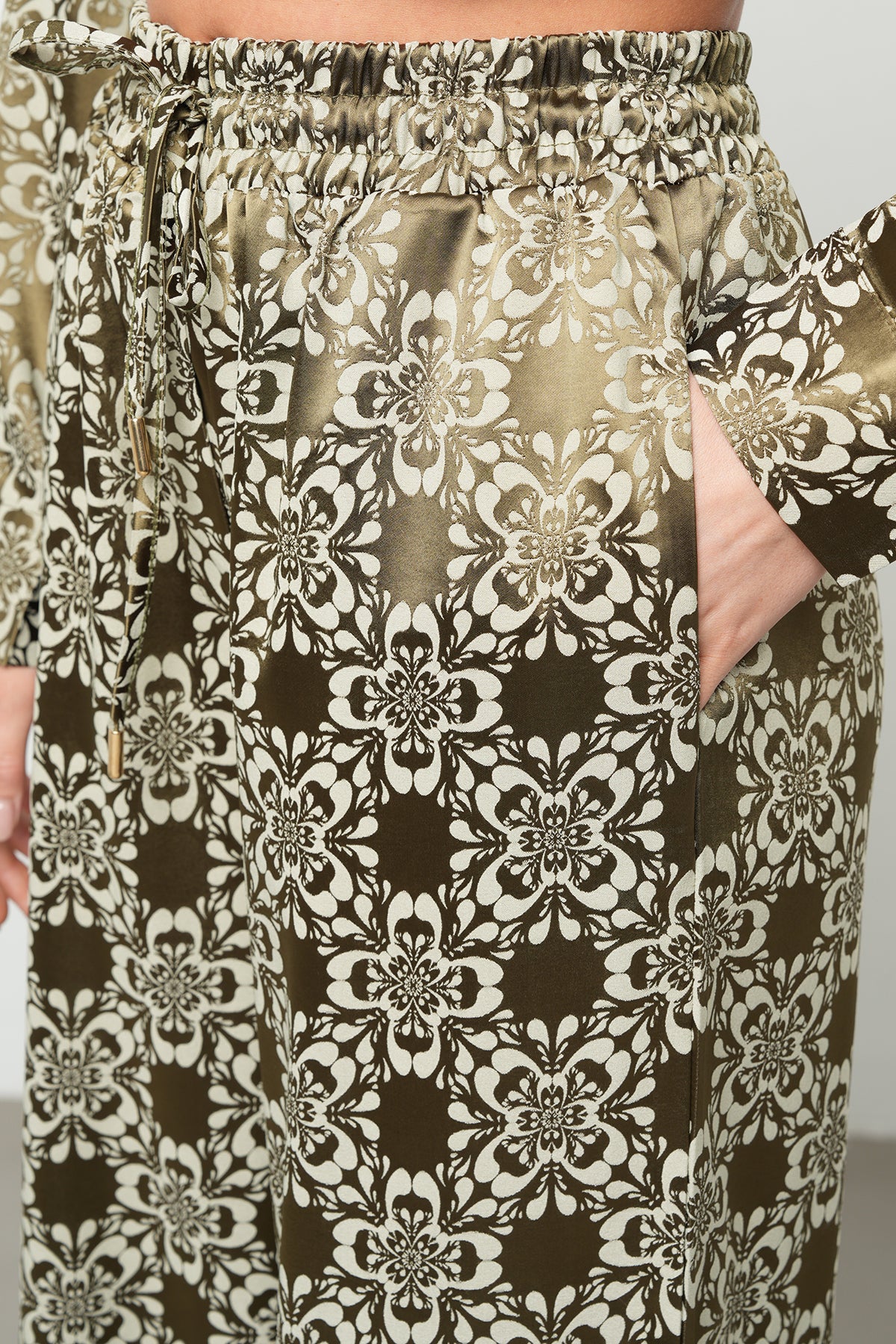 Orfeonegro Desenli Haki Saten Palazzo Pantolon