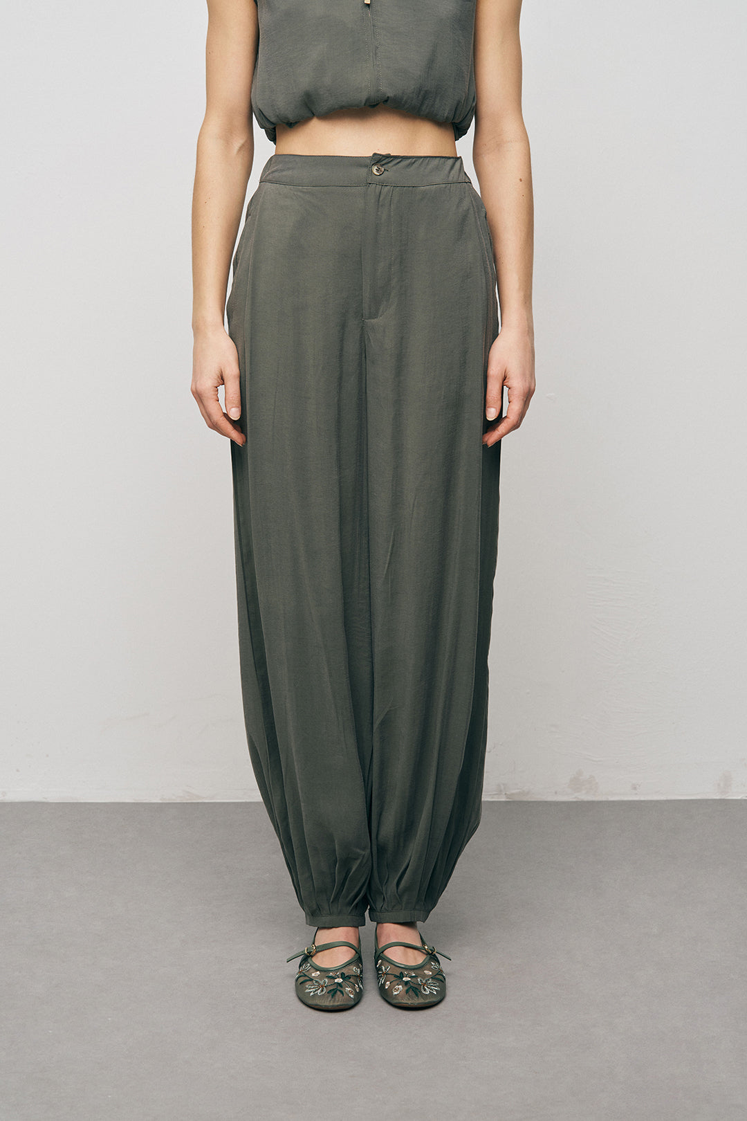 Orfeonegro Paçası Lastikli Haki Palazzo Pantolon