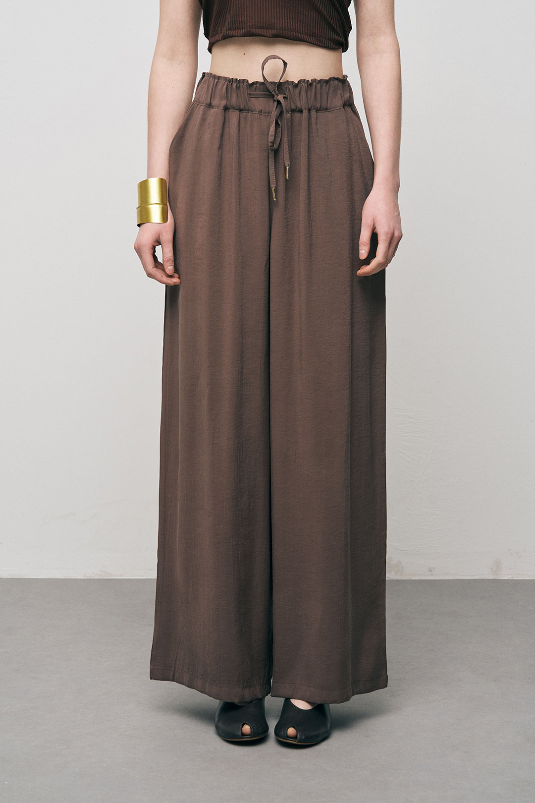 Orfeonegro Kahverengi Beli Bağcıklı Lastikli Bol Paça Pantolon