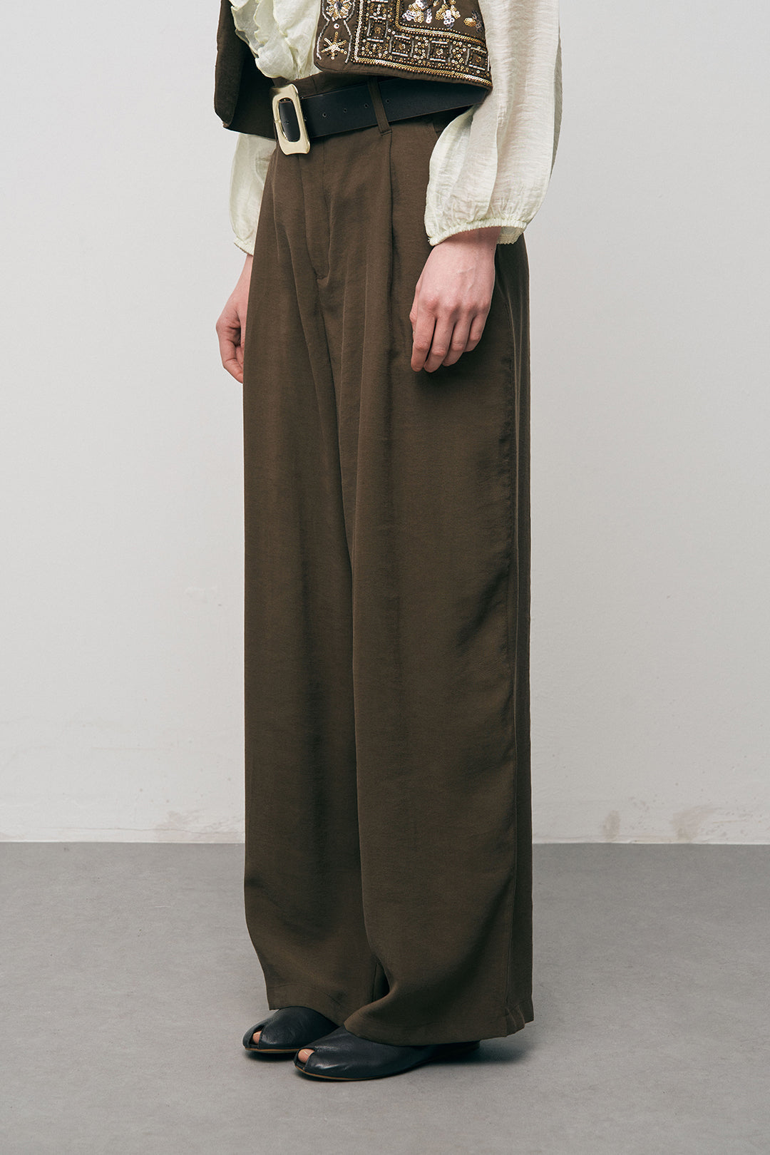 Yüksek Bel Bol Paça Pilili Kahve Keten Pantolon