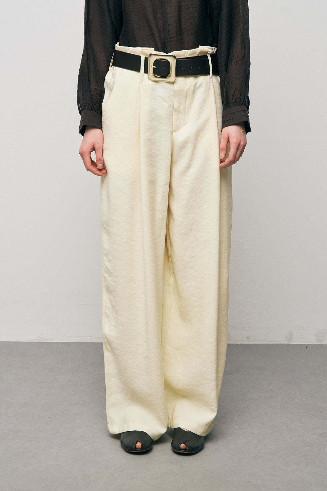 Yüksek Bel Bol Paça Pilili Sarı Keten Pantolon