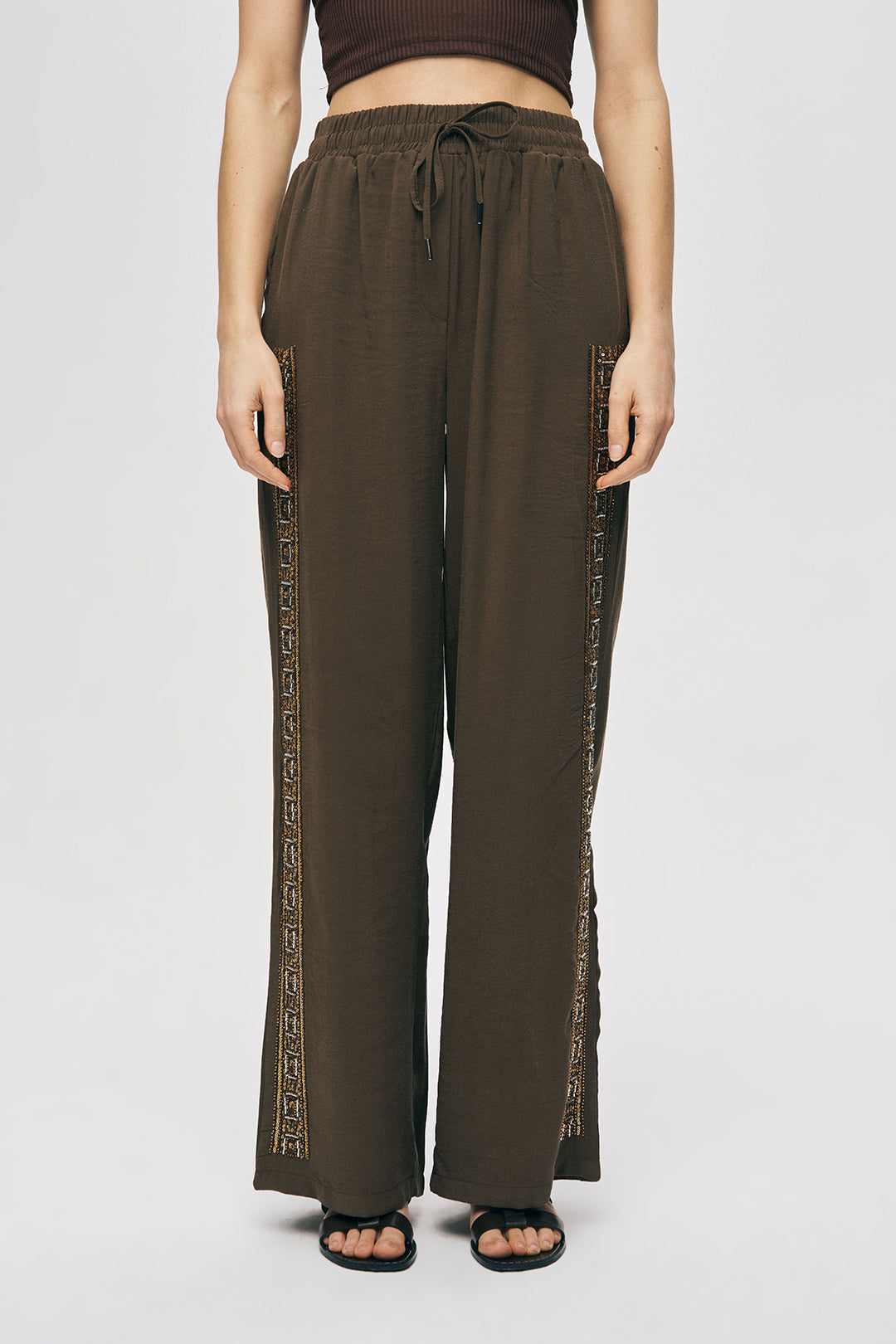 Orfeonegro Boncuklu Yan Şeritli Beli Bağcıklı Pantolon Kahve