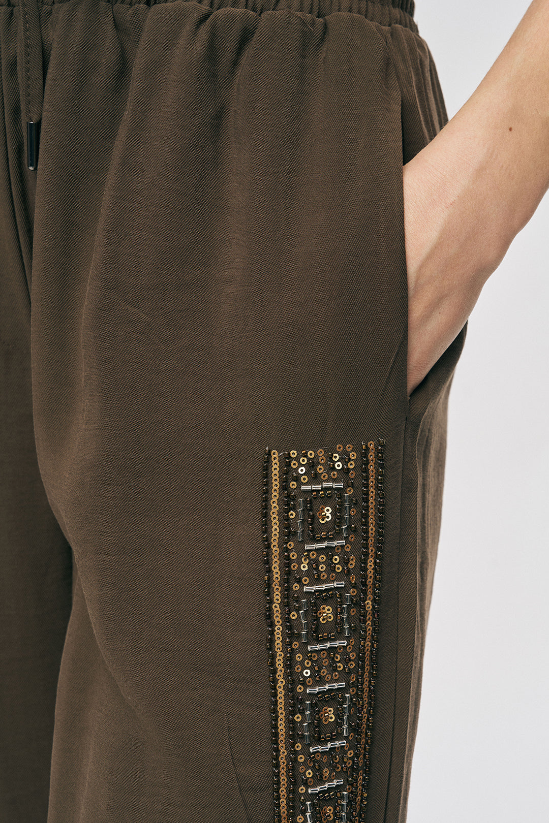 Orfeonegro Boncuklu Yan Şeritli Beli Bağcıklı Pantolon Kahve