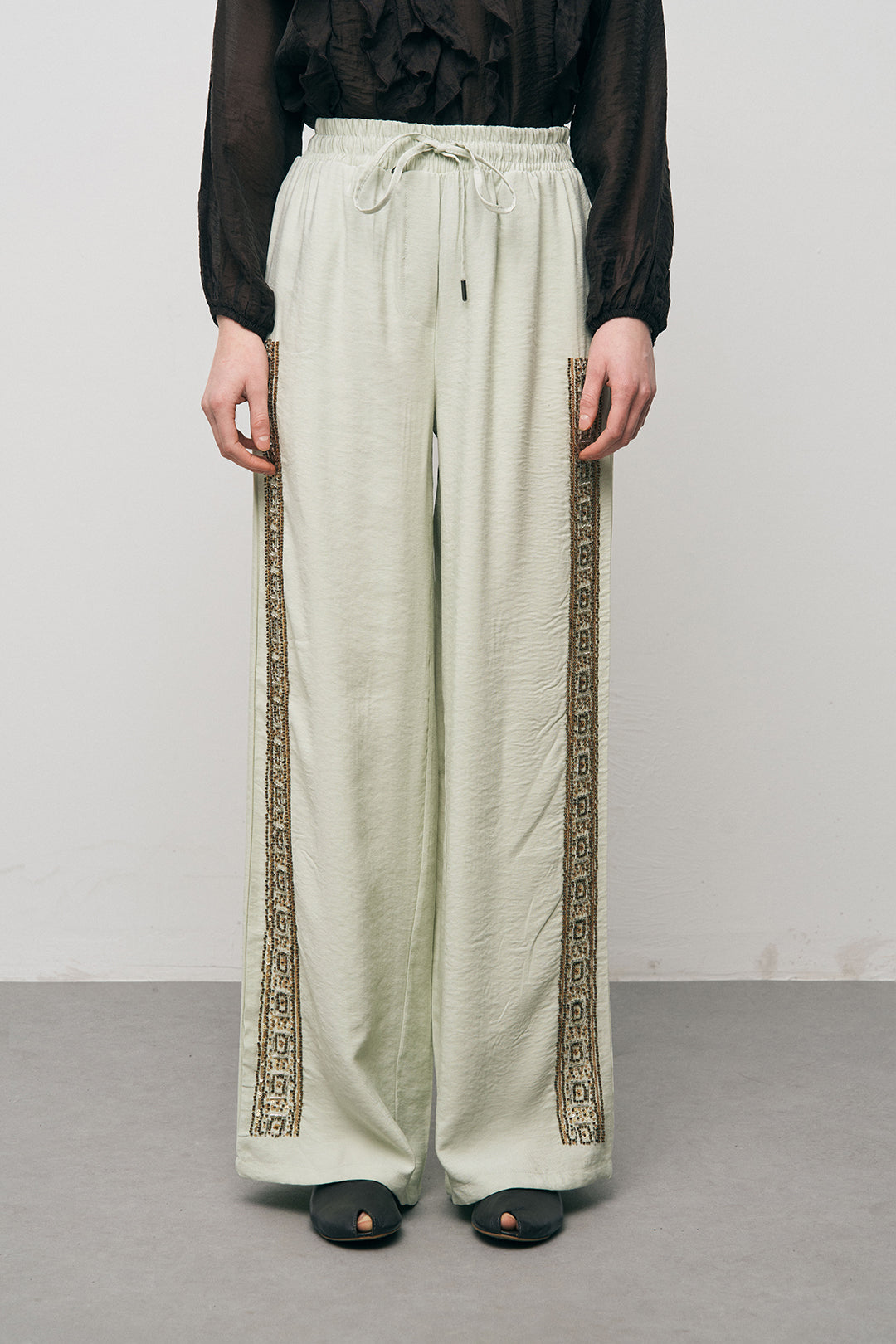Orfeonegro Boncuklu Yan Şeritli Beli Bağcıklı Pantolon Mint