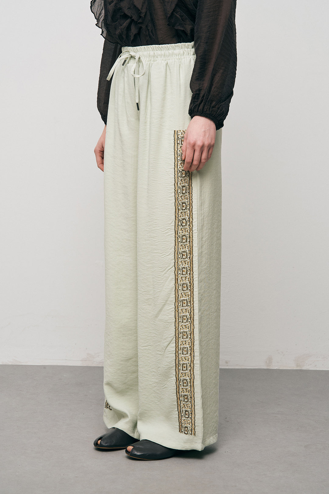 Orfeonegro Boncuklu Yan Şeritli Beli Bağcıklı Pantolon Mint