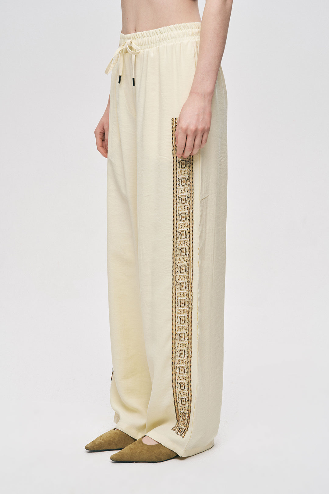 Orfeonegro Boncuklu Yan Şeritli Beli Bağcıklı Pantolon Sarı