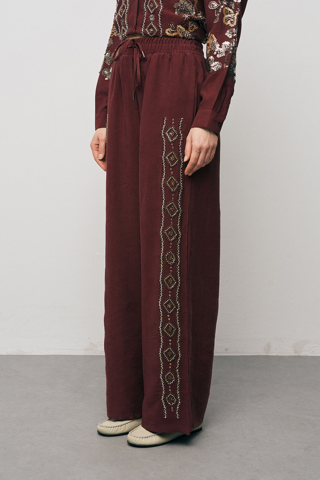 Orfeonegro Bordo Nakış İşlemeli Palazzo Pantolon