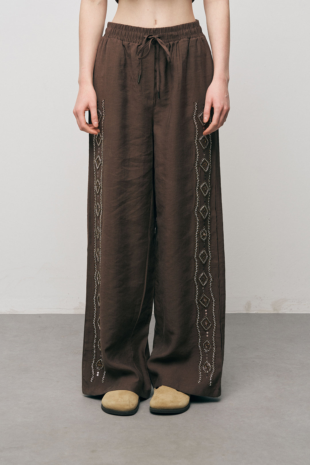 Orfeonegro Kahve Nakış İşlemeli Palazzo Pantolon