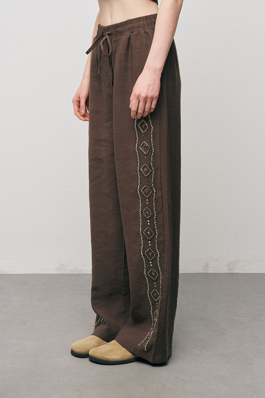 Orfeonegro Kahve Nakış İşlemeli Palazzo Pantolon