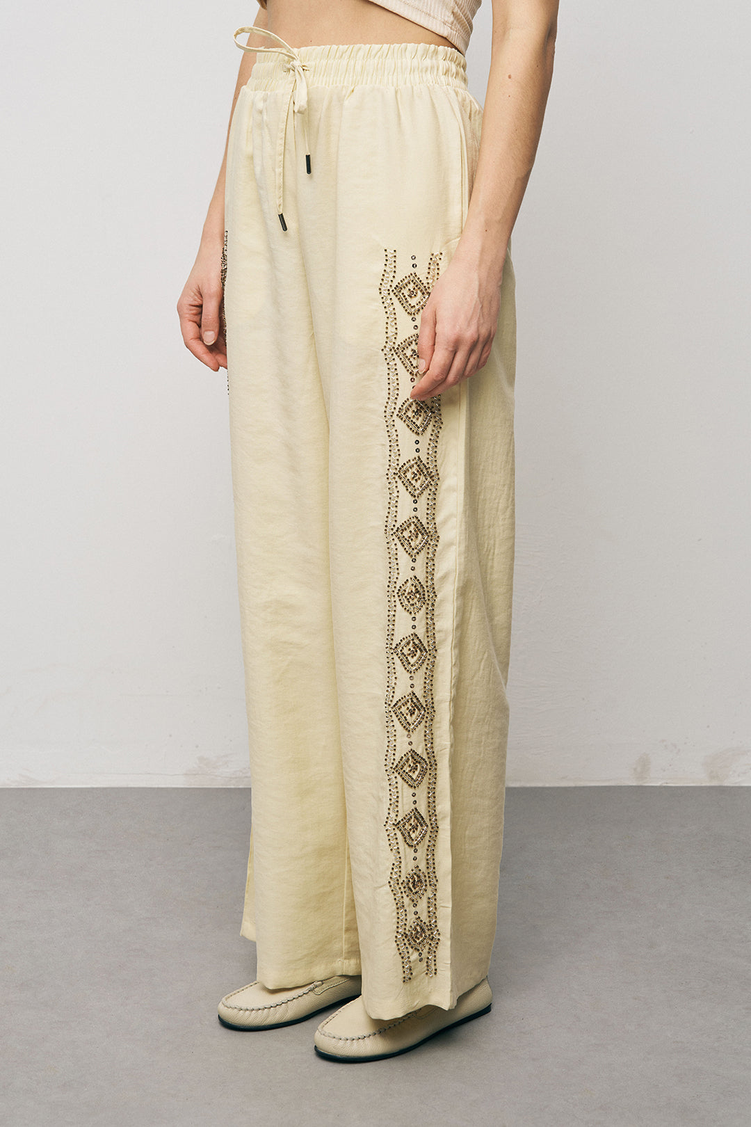 Orfeonegro Sarı Nakış İşlemeli Palazzo Pantolon