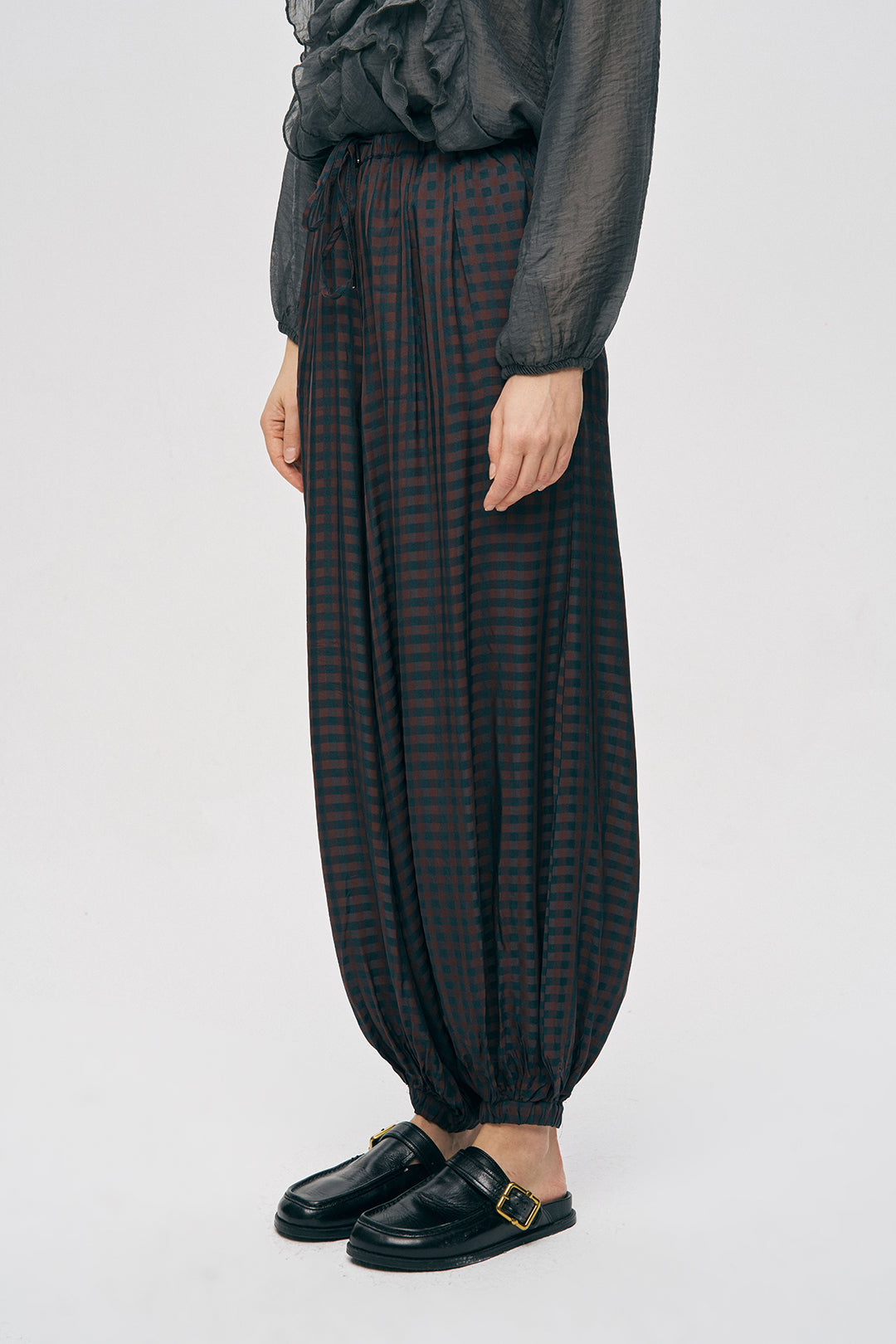 Orfeonegro Beli ve Paçası Lastikli Ekose Desenli Şalvar Pantolon Bordo