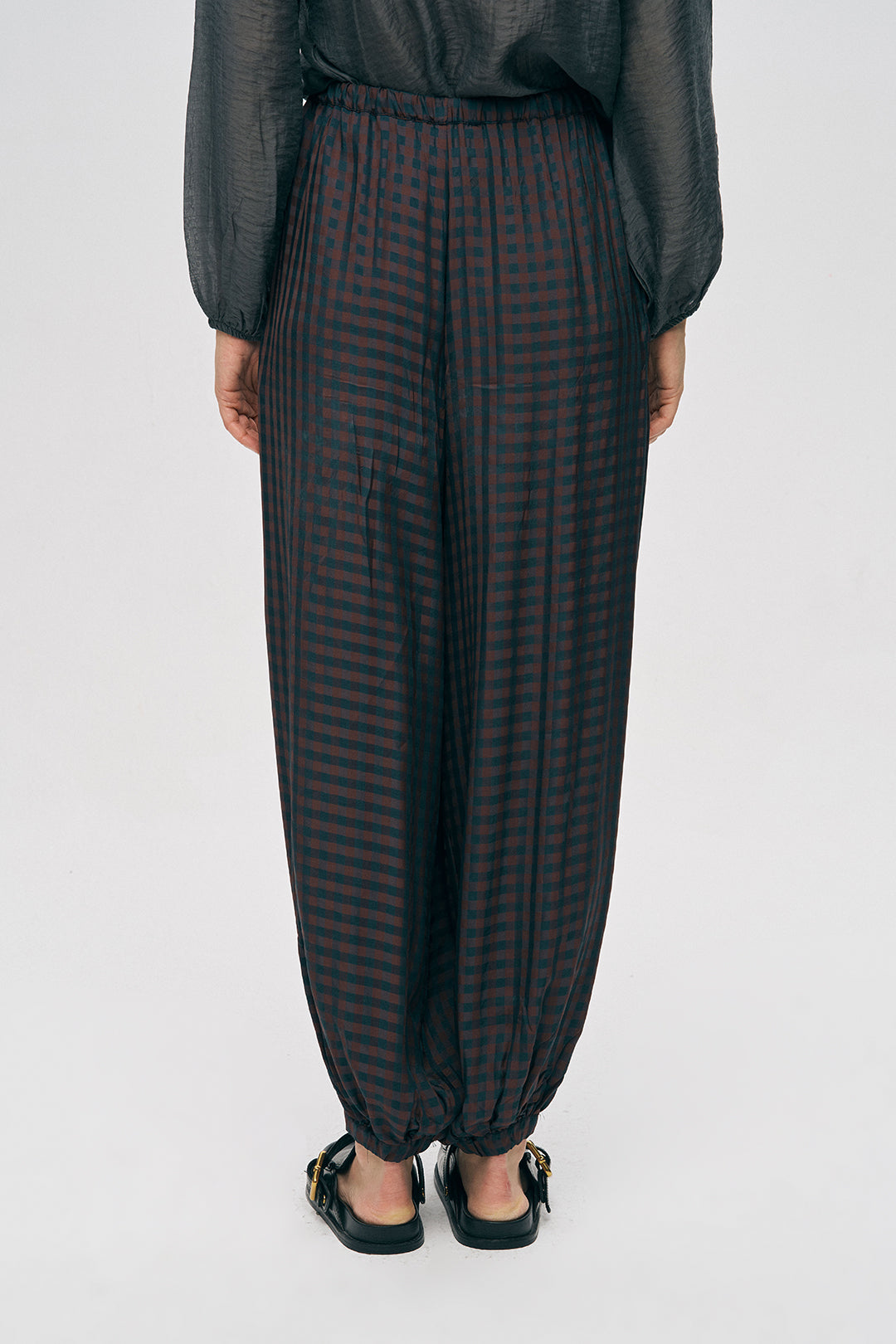 Orfeonegro Beli ve Paçası Lastikli Ekose Desenli Şalvar Pantolon Bordo