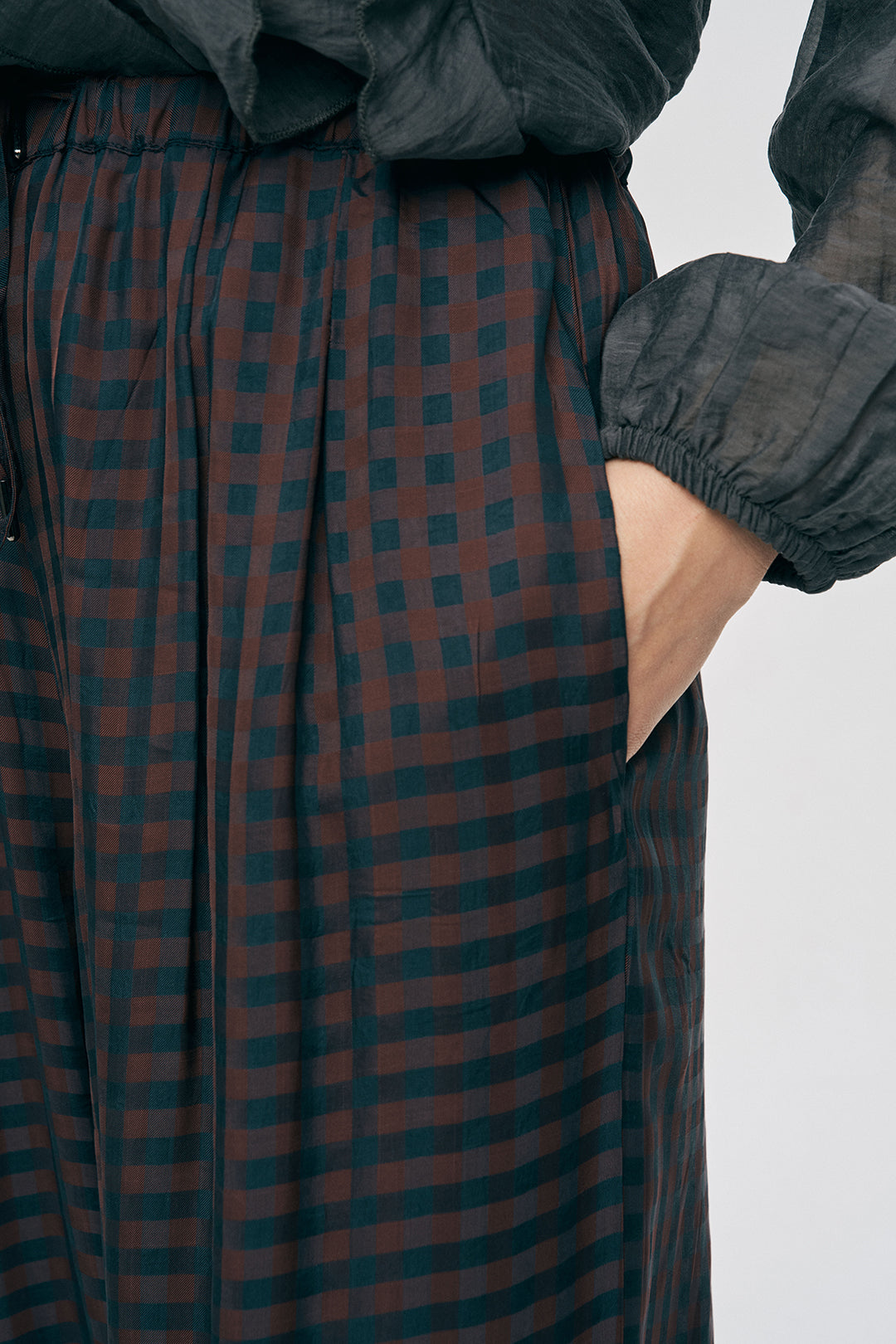 Orfeonegro Beli ve Paçası Lastikli Ekose Desenli Şalvar Pantolon Bordo