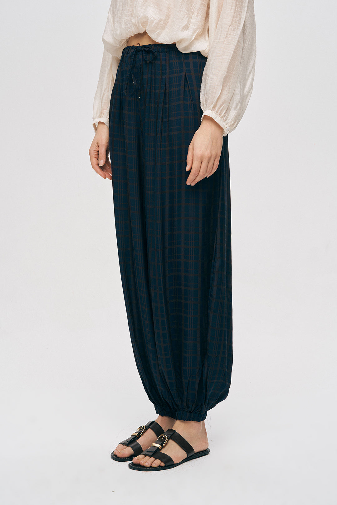 Orfeonegro Ekoseli Laci Şalvar Kesim Lastikli Pantolon