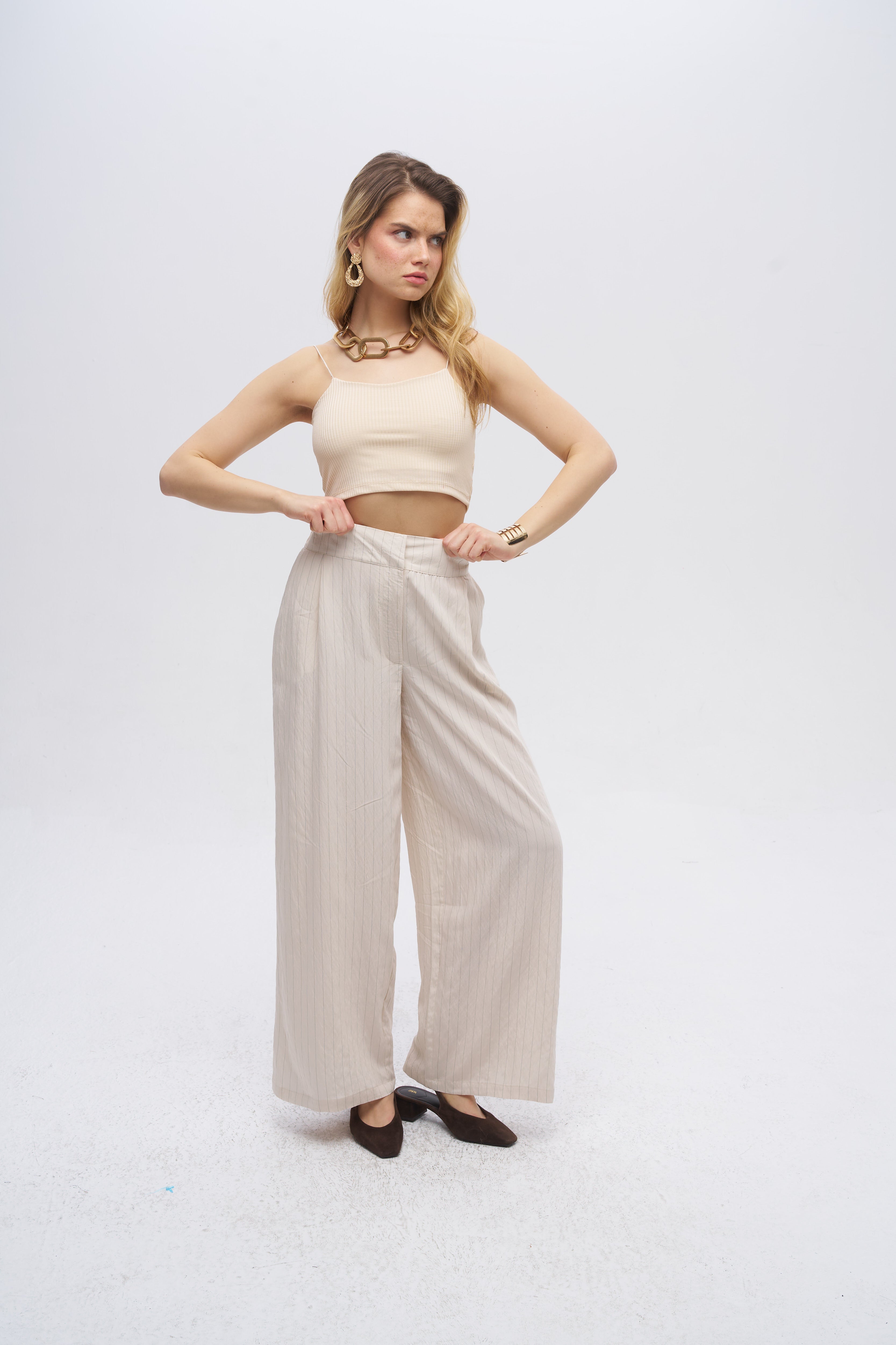 İnce Çizgi Desenli Arkası Lastikli Bol Paça Pantolon Taş Renk