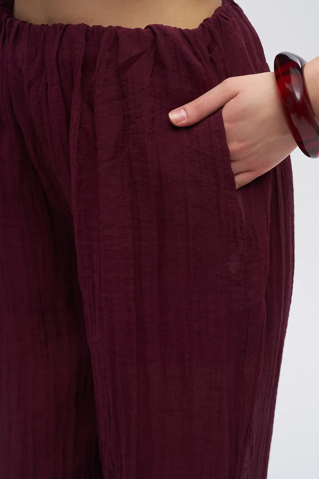 Beli ve Paçası Lastikli Dokulu Balon Pantolon Bordo ORFEONEGRO