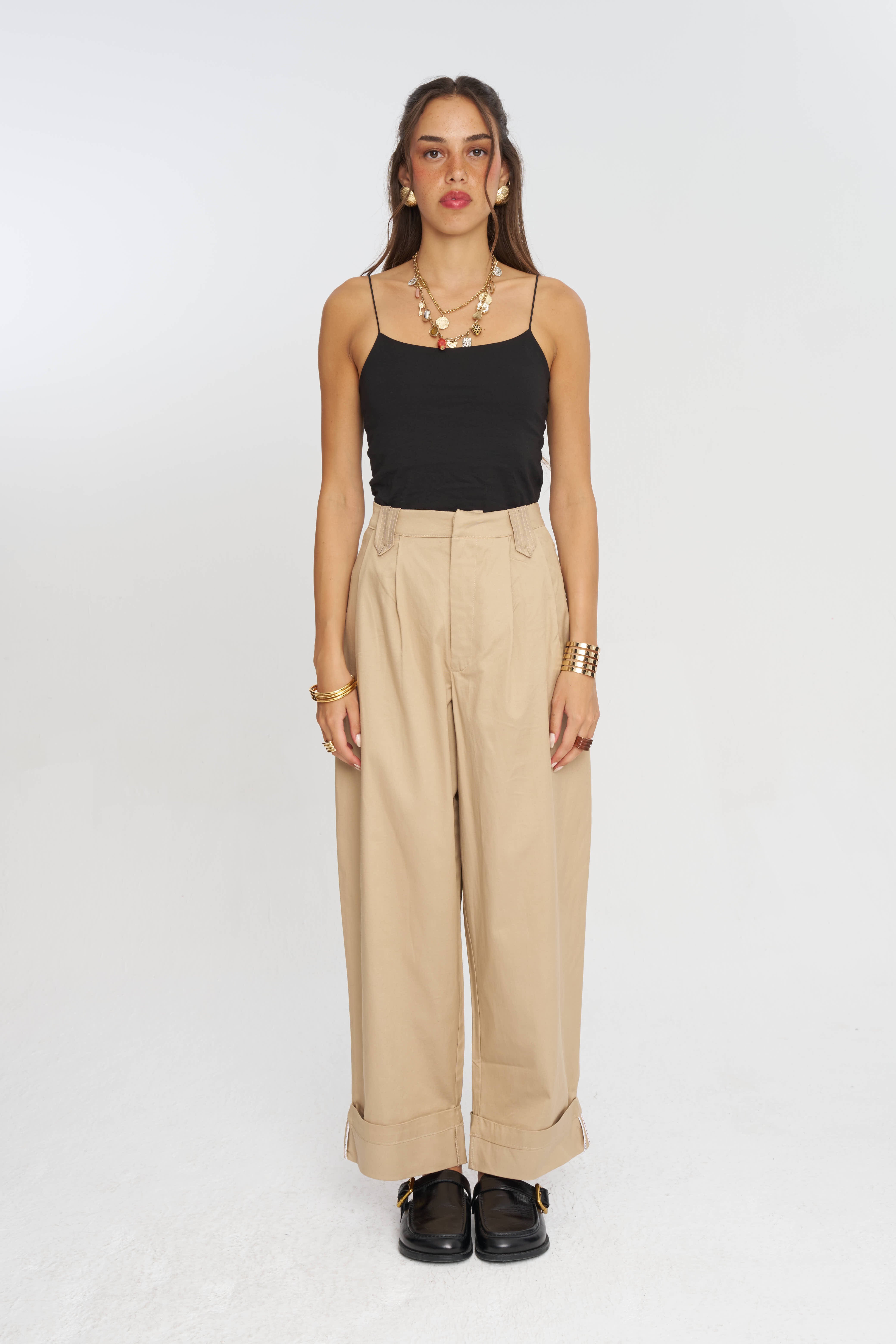 Toptan Duble Paça Tencel Karışımlı Kadın Pantolon Bej