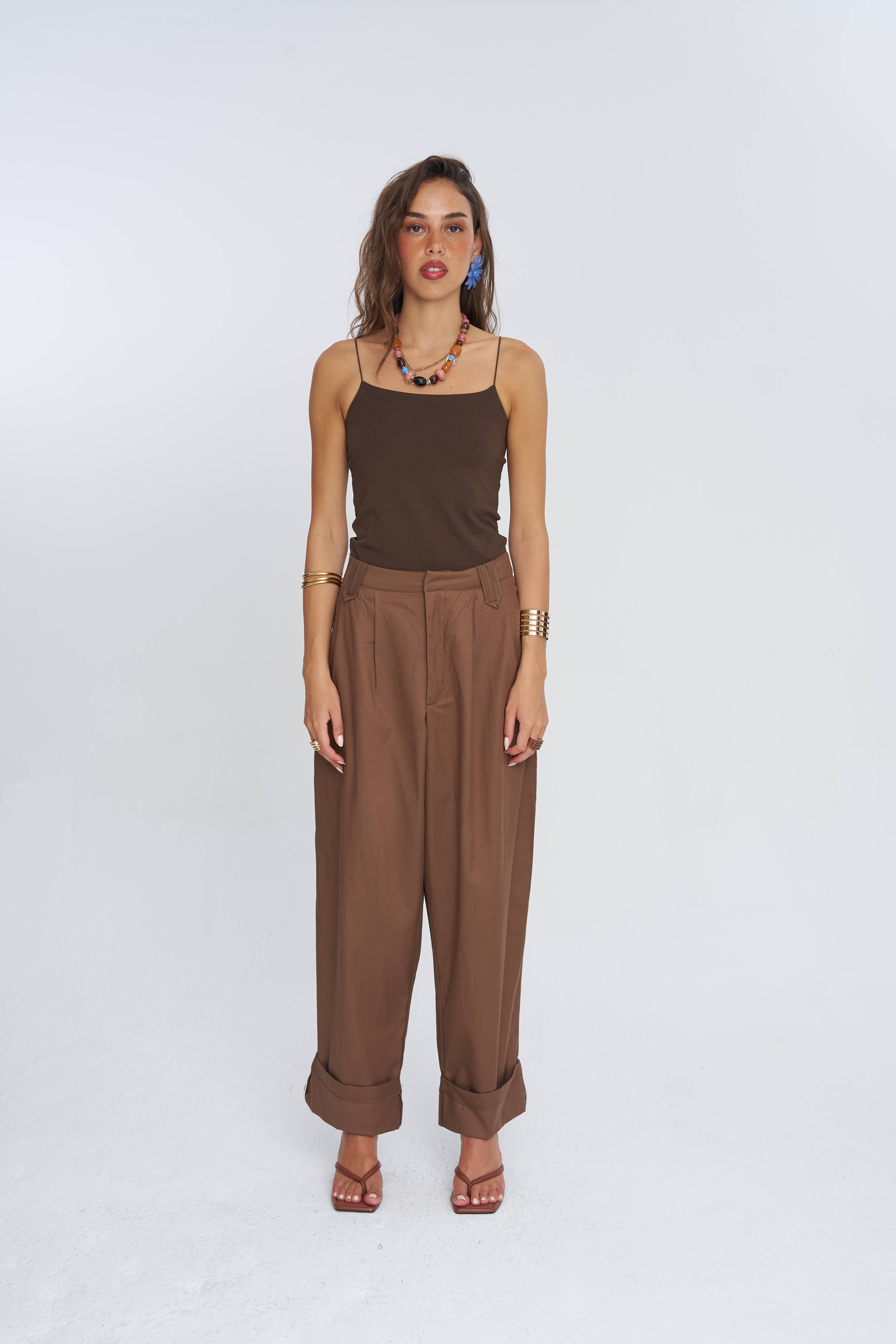 Toptan Duble Paça Tencel Karışımlı Kadın Pantolon Kahve