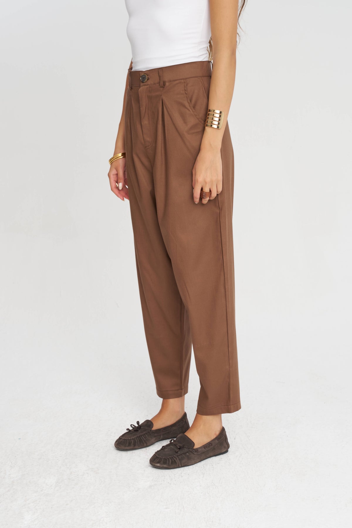 Toptan Düğme Detaylı Tencel Karışımlı Kadın Pantolon Kahverengi