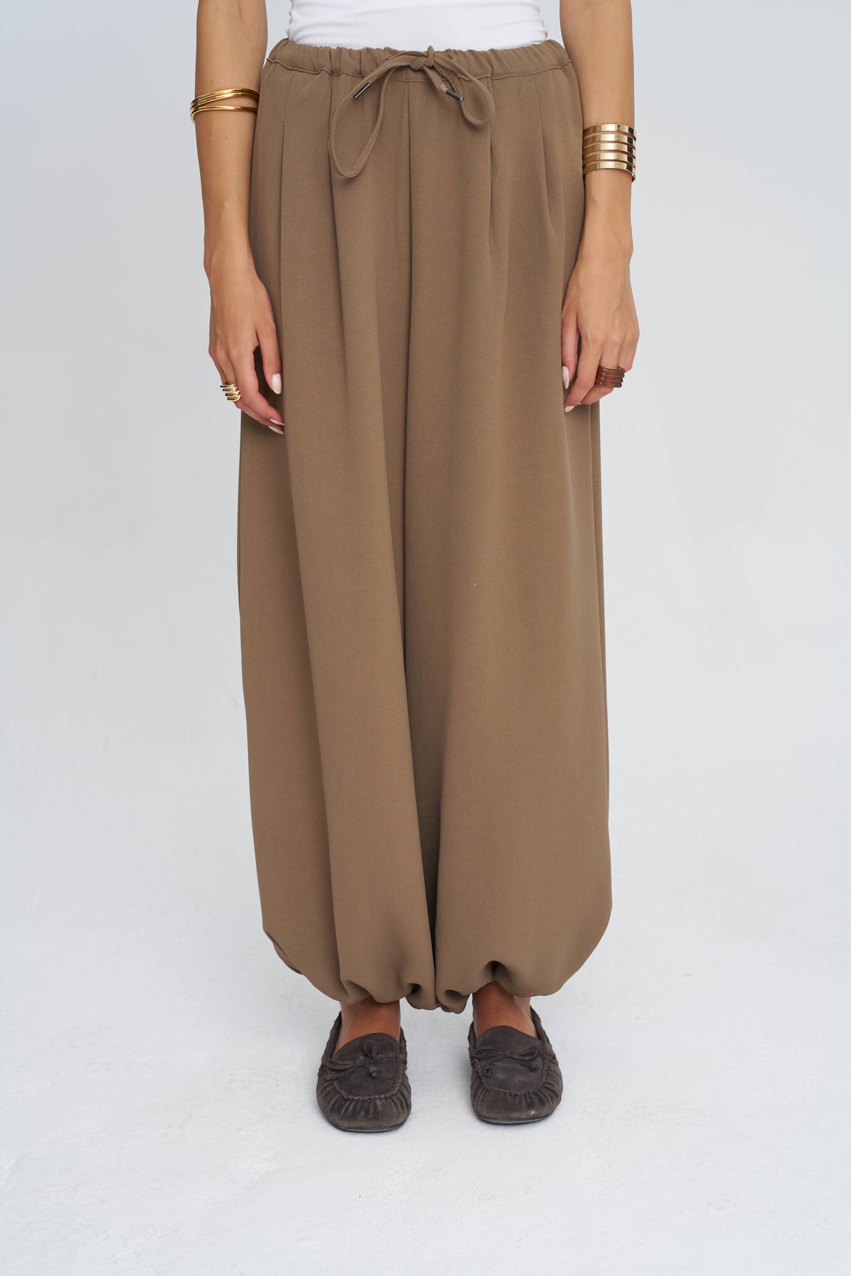 Toptan Beli Bağcıklı Paçası Lastikli Bej Kadın Pantolon