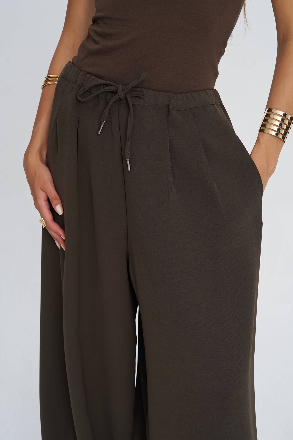 Toptan Beli Bağcıklı Paçası Lastikli Kahve Kadın Pantolon