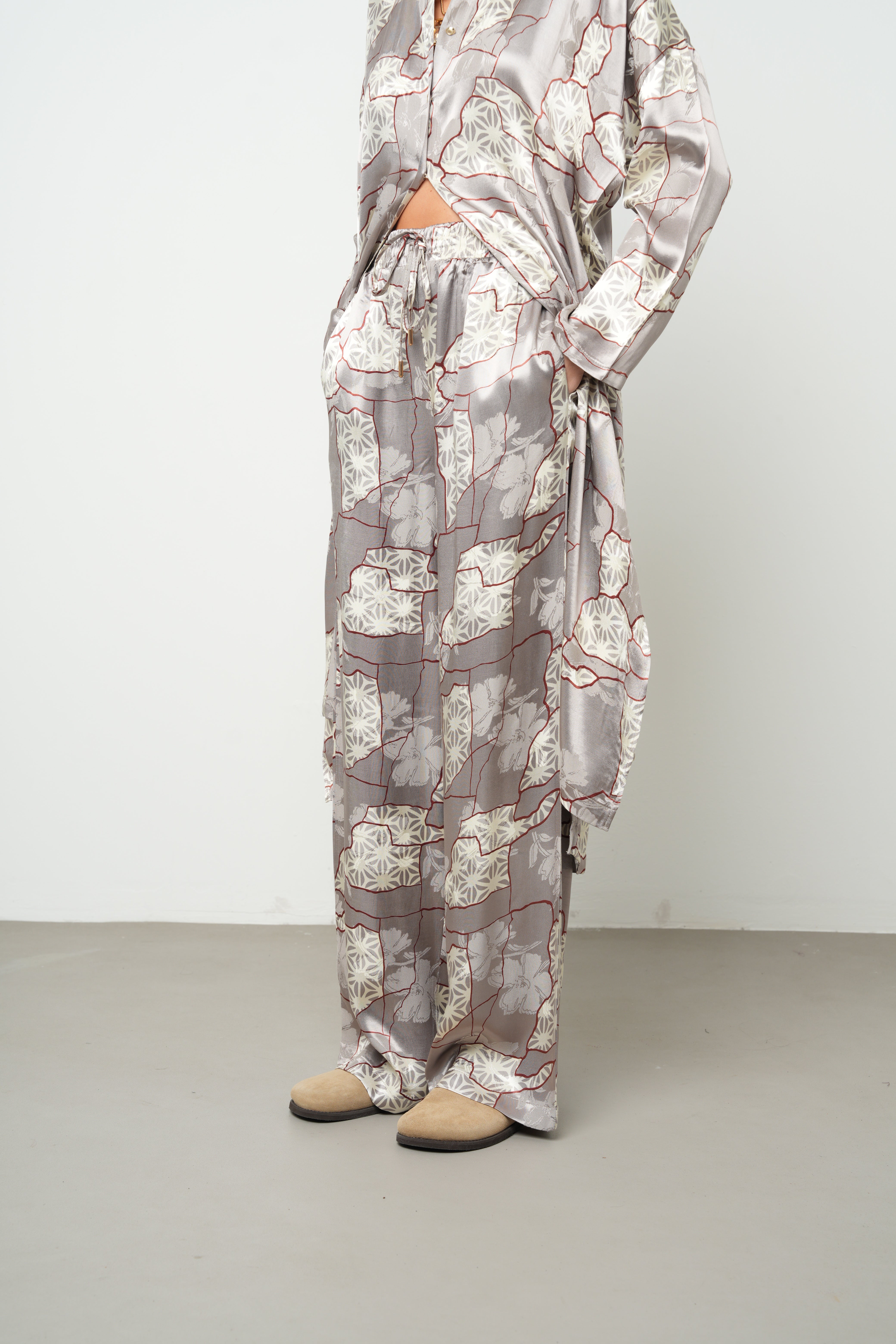 Orfeonegro Geometrik Desenli Palazzo Saten Pantolon