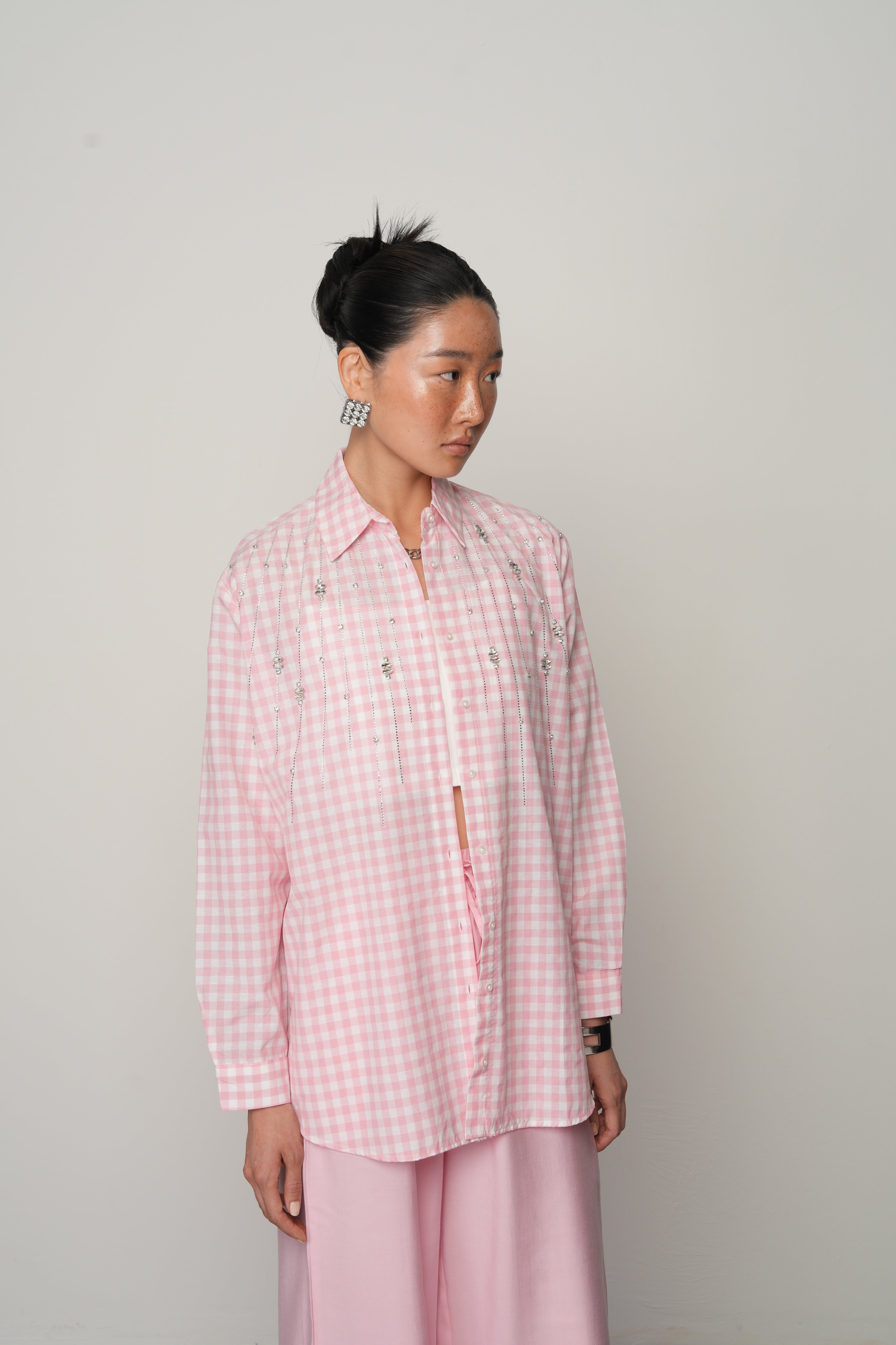 Robası Taş İşlemeli Pötikare Kadın Gömlek – Oversize / 80 cm | %50 Pamuk | Yerli Üretim 34582 Pembe