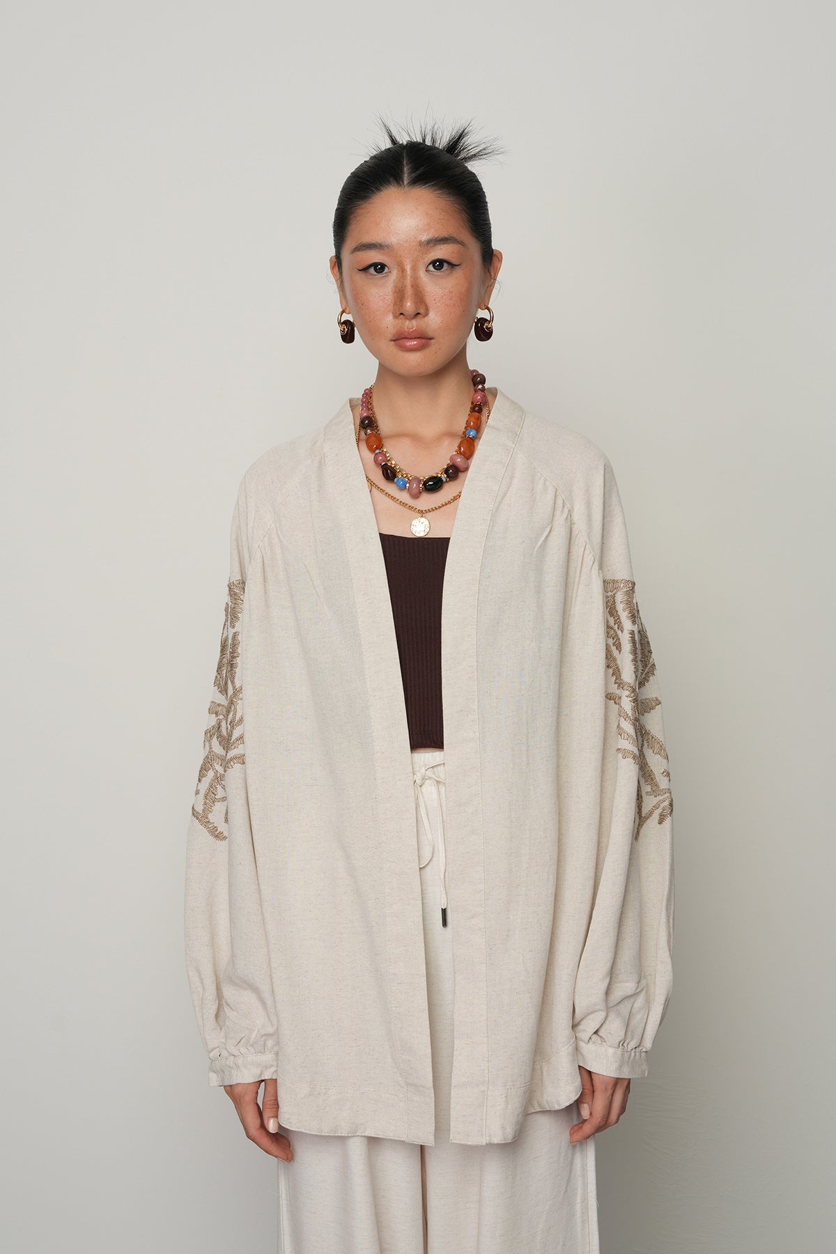 Sırtı ve Kolu Nakışlı Kadın Kimono – Oversize | Viskon Keten | Yerli Üretim 34013