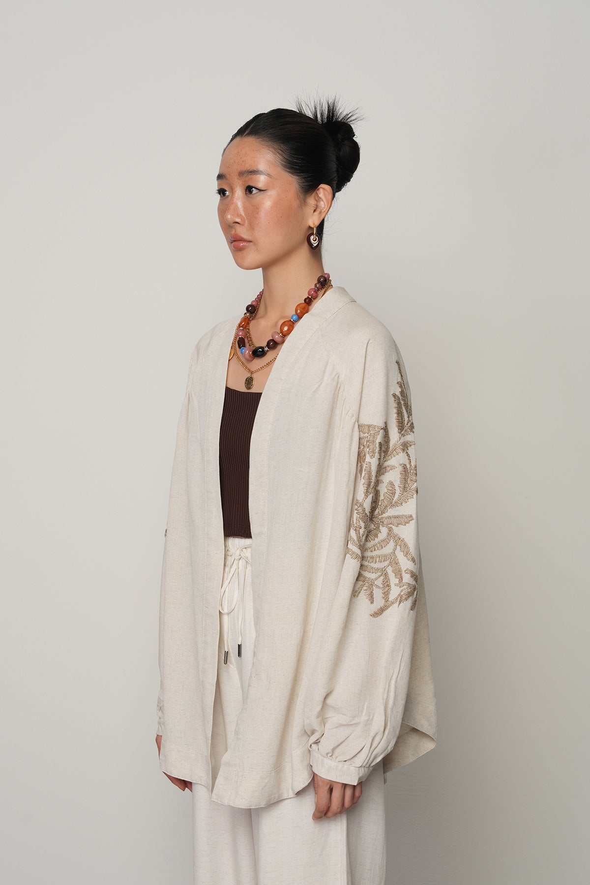 Sırtı ve Kolu Nakışlı Kadın Kimono – Oversize | Viskon Keten | Yerli Üretim 34013
