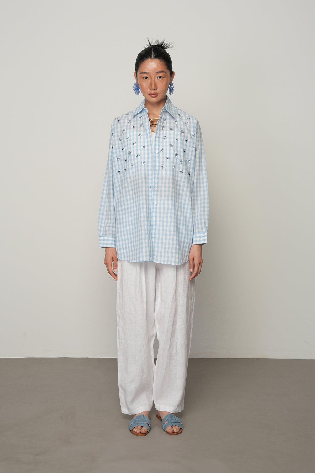 Taş İşlemeli Pötikare Oversize Mavi Gömlek – Pamuk Polyester Karışım | Türkiye Üretimi 34572 Mavi