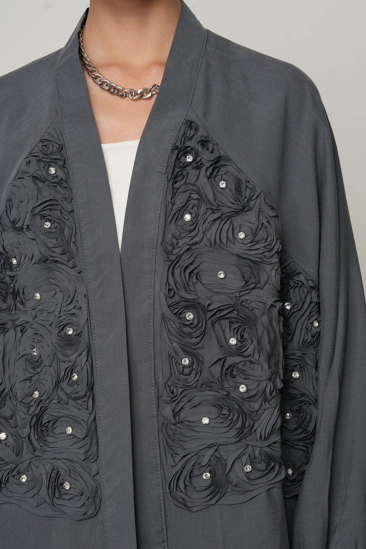 Toptan Gül ve Taş İşlemeli Kadın Kimono – Oversize / %90 Tencel Kumaş | Yerli Üretim 34542 Kimyon 34542 Antrasit